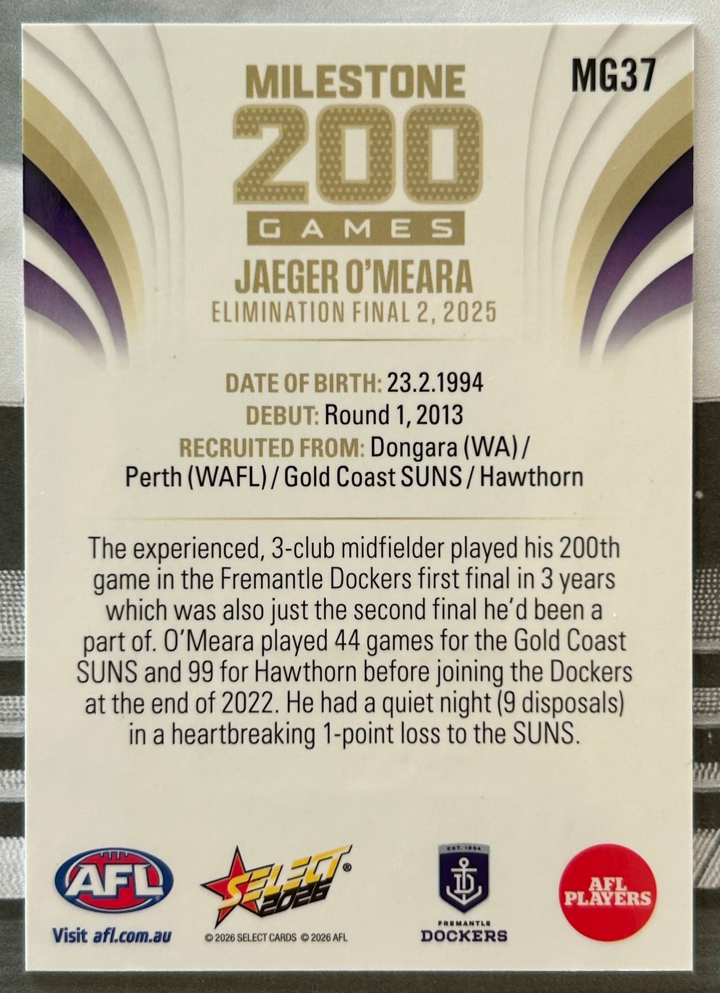 Select AFL Footy Stars 2026 - JAEGER O'MEARA (FREMANTLE DOCKERS) Milestone 200 Games MG37