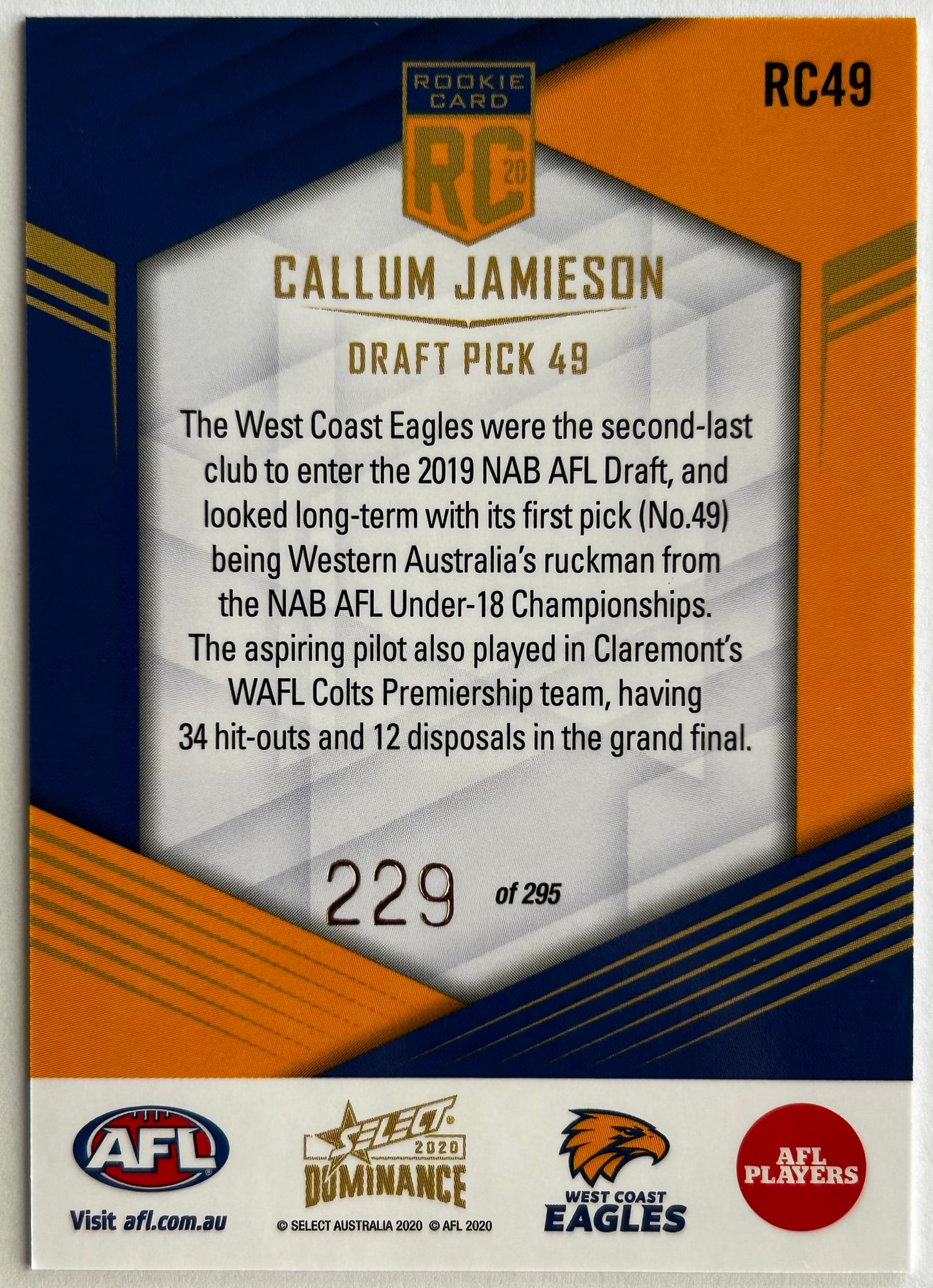 2020 AFL Select Dominance - CALLUM JAMIESON (WEST COAST EAGLES) Rookie Card RC49 /295