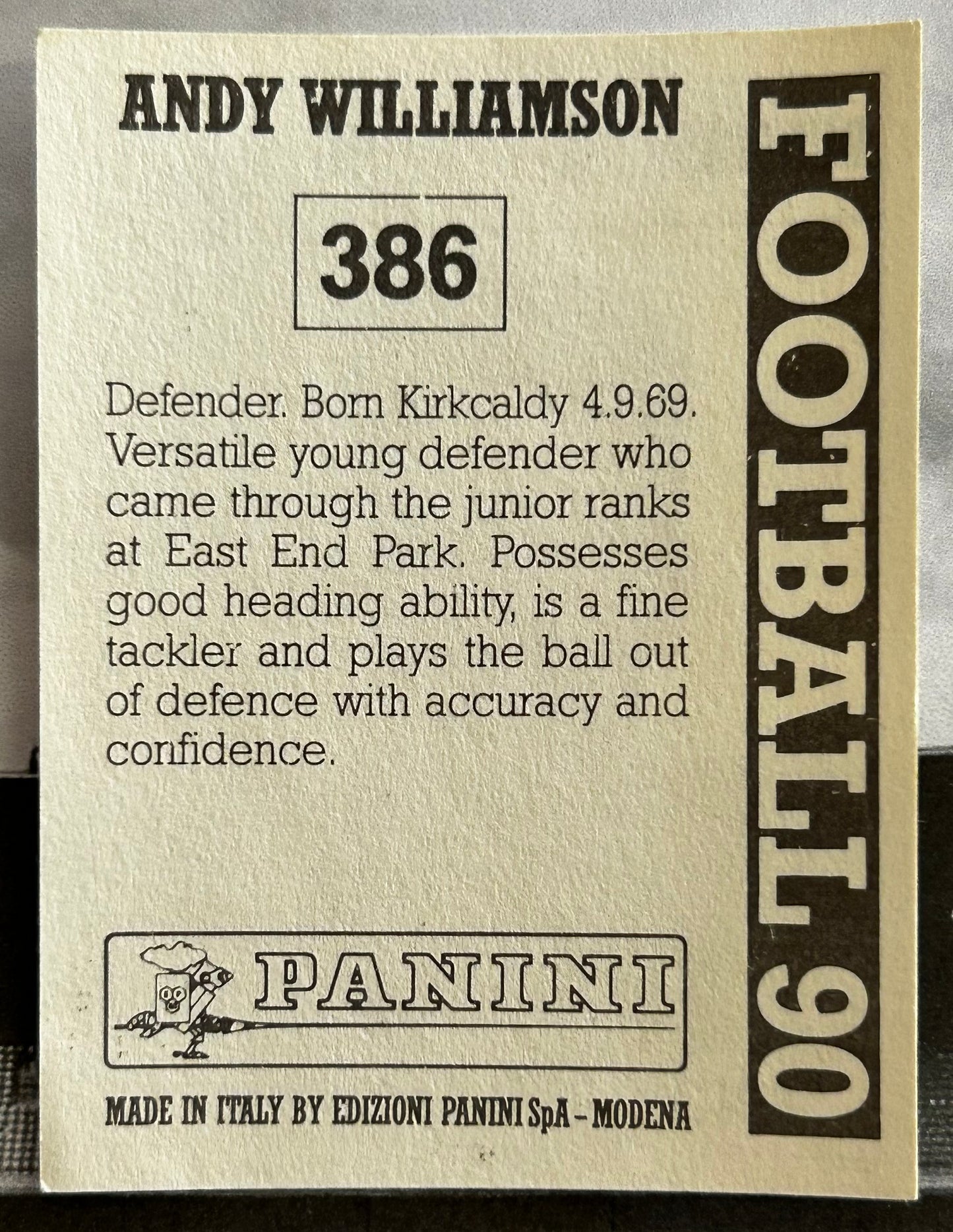 Panini Football 90 Sticker - ANDY WILLIAMSON (DUNFERMILNE ATHLETIC) #386