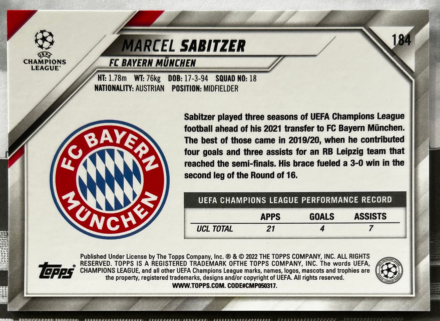 Topps UEFA Chrome Sapphire 2021-22 - MARCEL SABITZER (BAYERN MUNICH) #184
