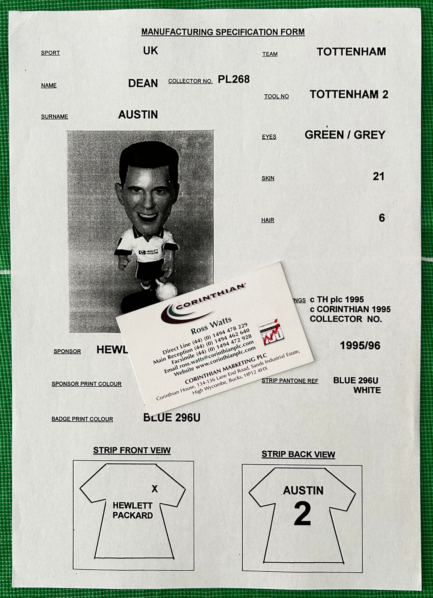 Corinthian Manufacturing Specification Form - DEAN AUSTIN (TOTTENHAM HOTSPUR) 1995-96 PL268