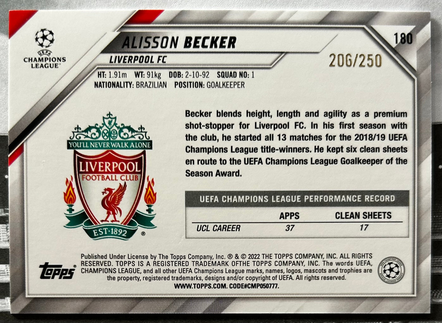 Topps UEFA 2021-22 Hobby - ALISSON BECKER (LIVERPOOL) Yellow Foil Parallel #180 /250