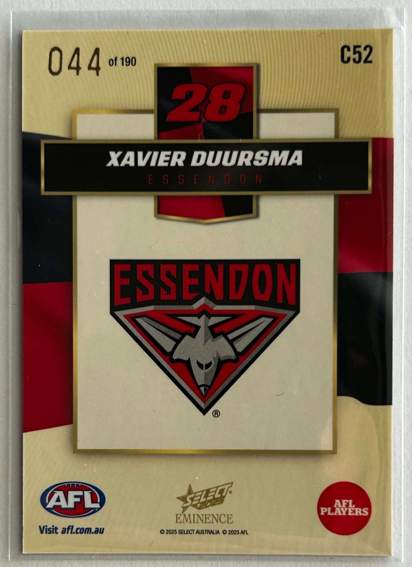 2025 AFL Select Eminence - XAVIER DUURSMA (ESSENDON) Colours /190 C52