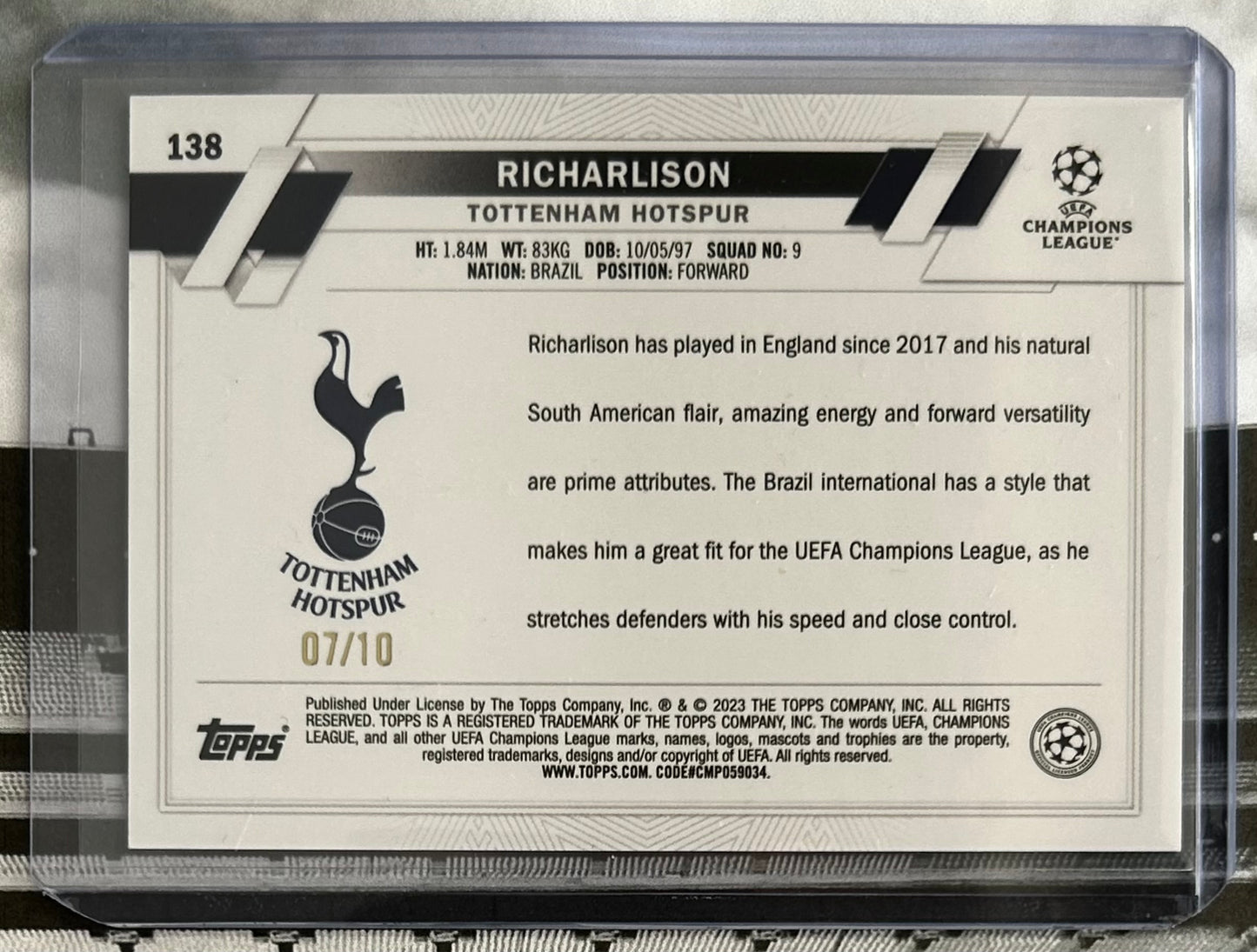 Topps UEFA Club Competitions 2022-23 - RICHARLISON (TOTTENHAM HOTSPUR) Icy Black Foil Parallel #138 /10