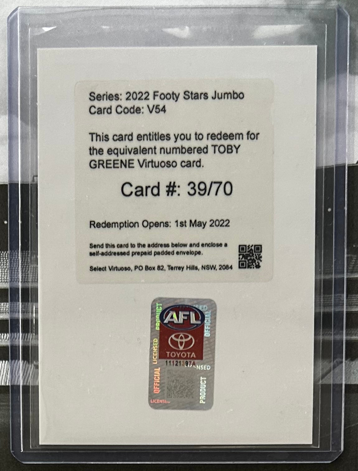 Select AFL Footy Stars Jumbo 2022 - TOBY GREENE (GWS GIANTS) Virtuoso Redemption V54 /70
