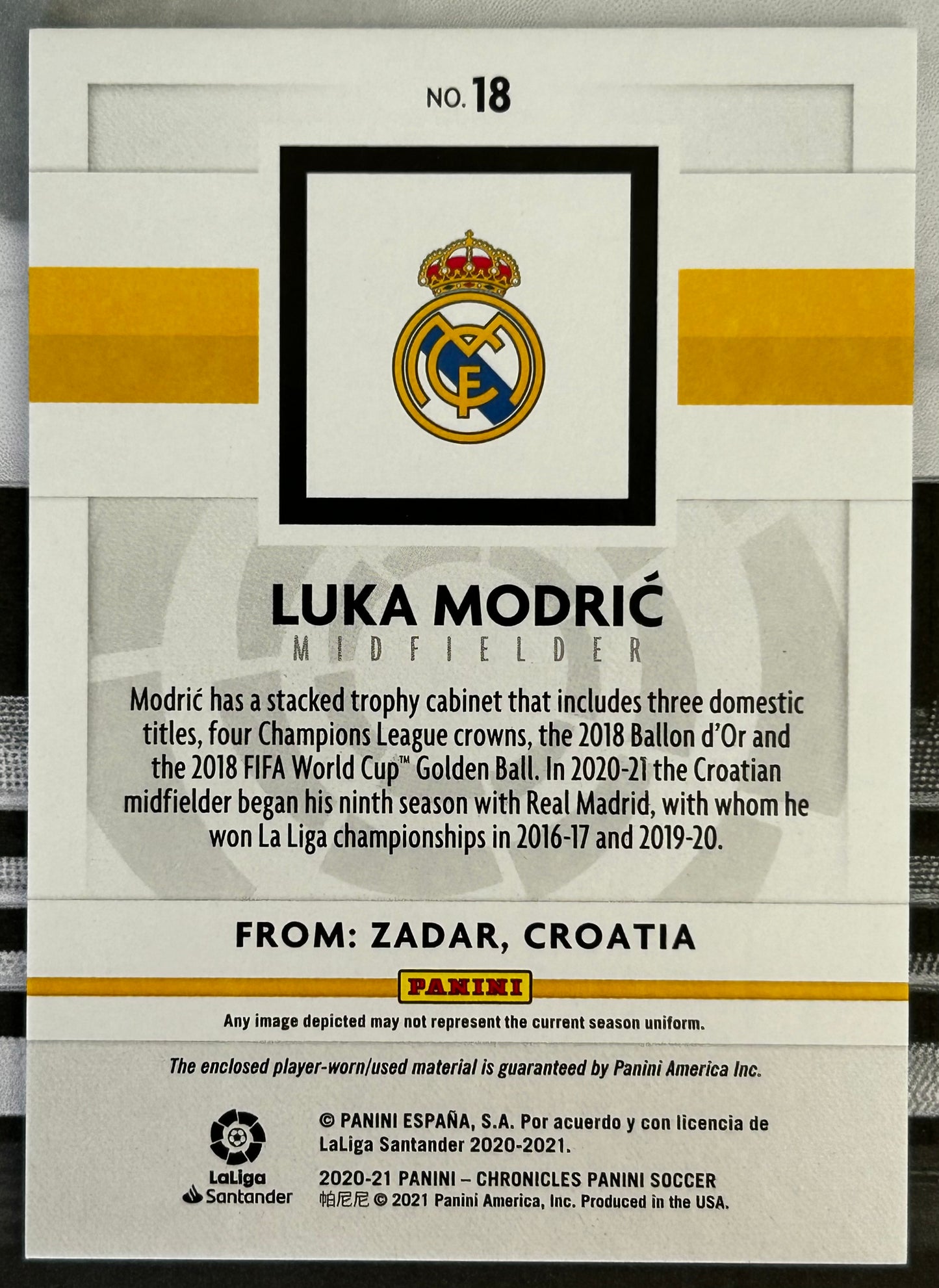 2020-21 Panini Chronicles La Liga Soccer - LUKA MODRIC (REAL MADRID) Player-Worn Patch #18 /500