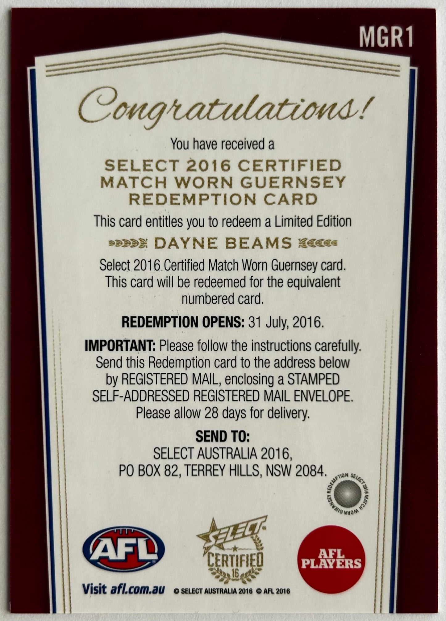 Select AFL 2016 Certified - DAYNE BEAMS (BRISBANE LIONS) Match Worn Guernsey Redemption Card MGR1 /160