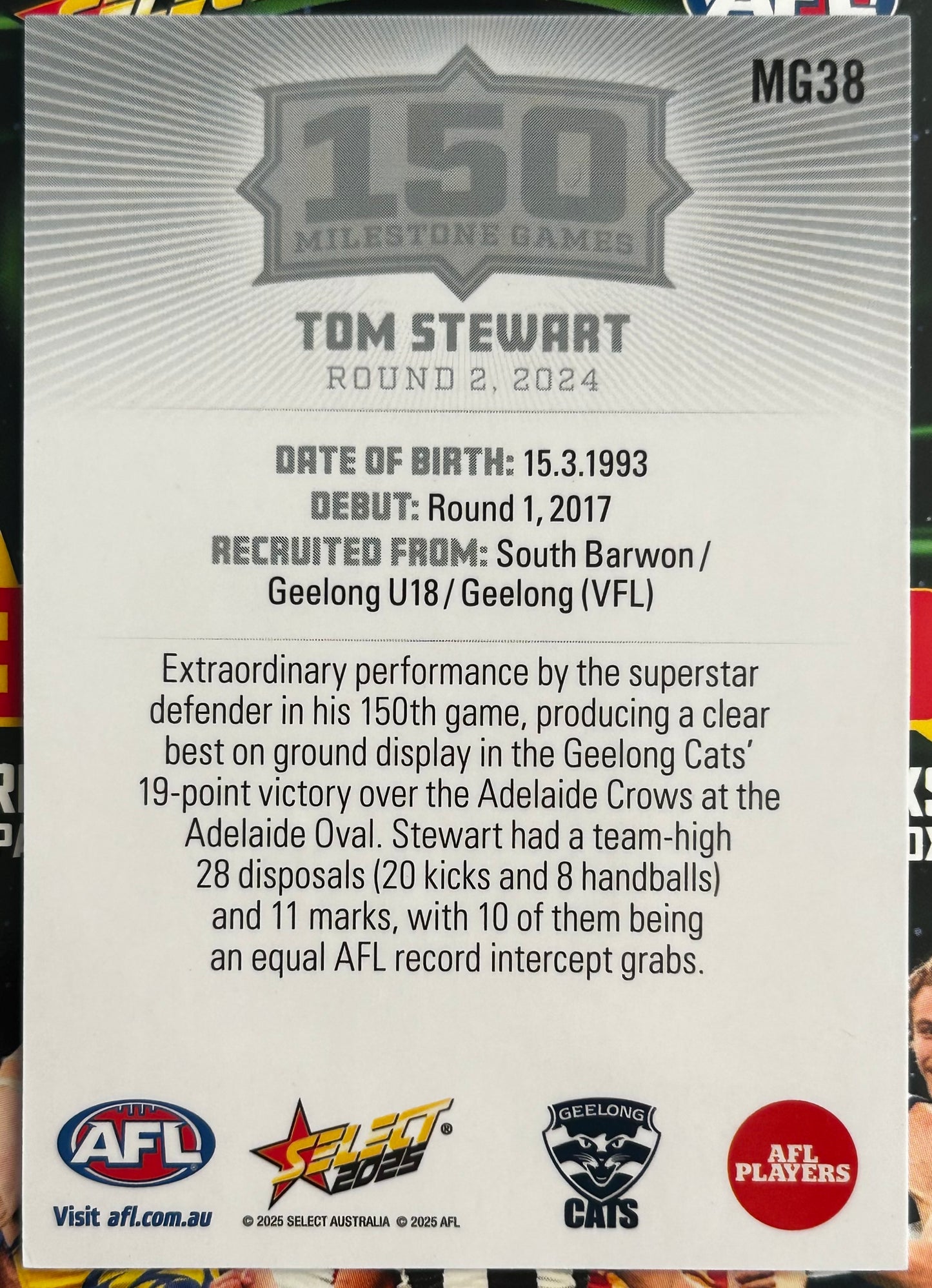 Select AFL 2025 Footy Stars - TOM STEWART (GEELONG CATS) 150 Milestone Games MG38