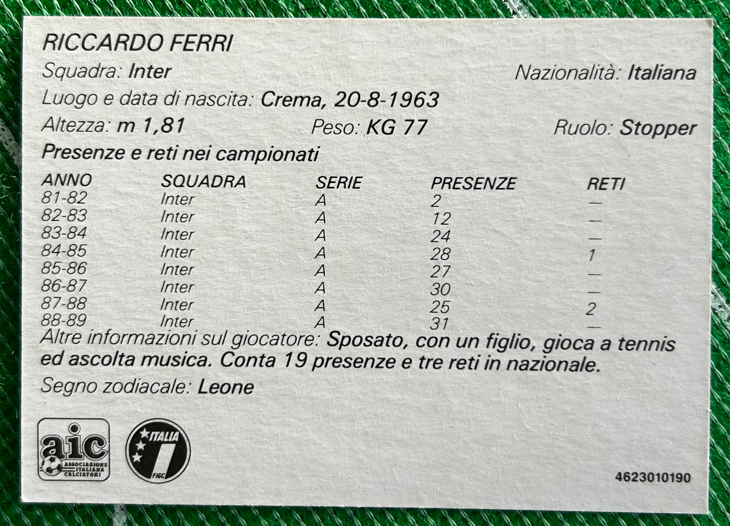 Tonka Forza Campioni Collector Card - RICARDO FERRI (ITALY) 1989 Release