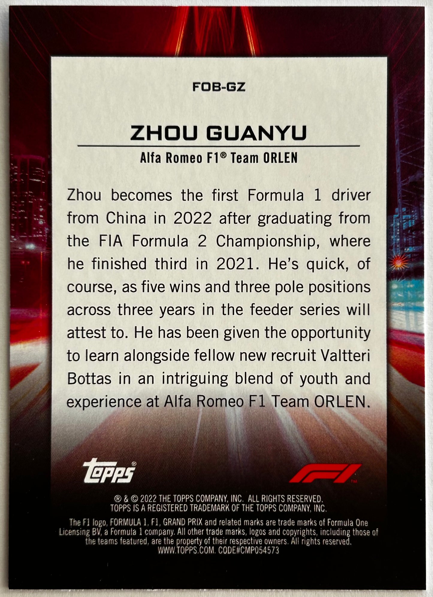 Topps Formula One Flagship 2022 - ZHOU GUANYU (ALFA ROMEO F1 TEAM) Rookie RC Flash of Brilliance FOB-GZ