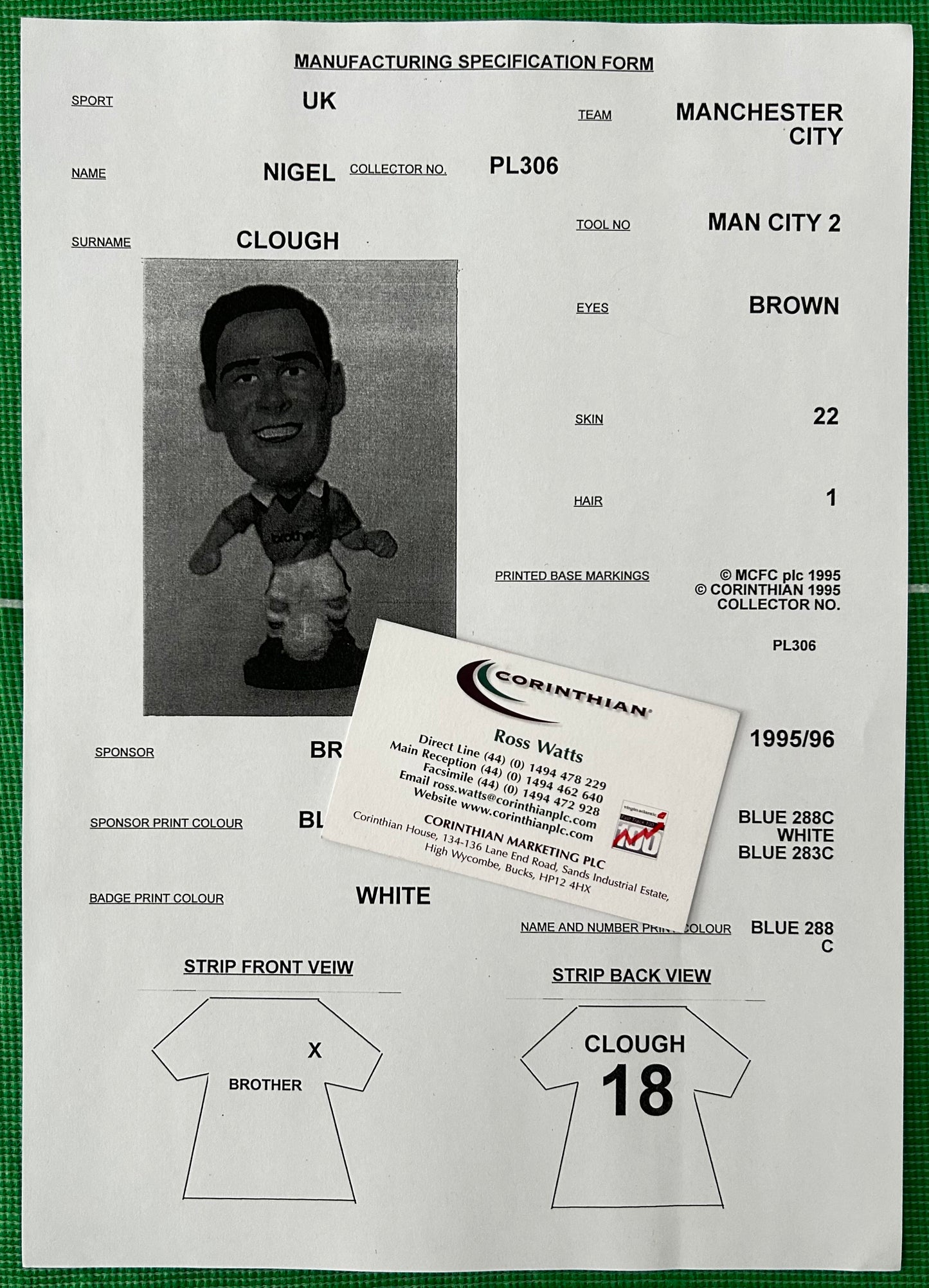 Corinthian Manufacturing Specification Form - NIGEL CLOUGH (MANCHESTER CITY) 1995-96 PL306
