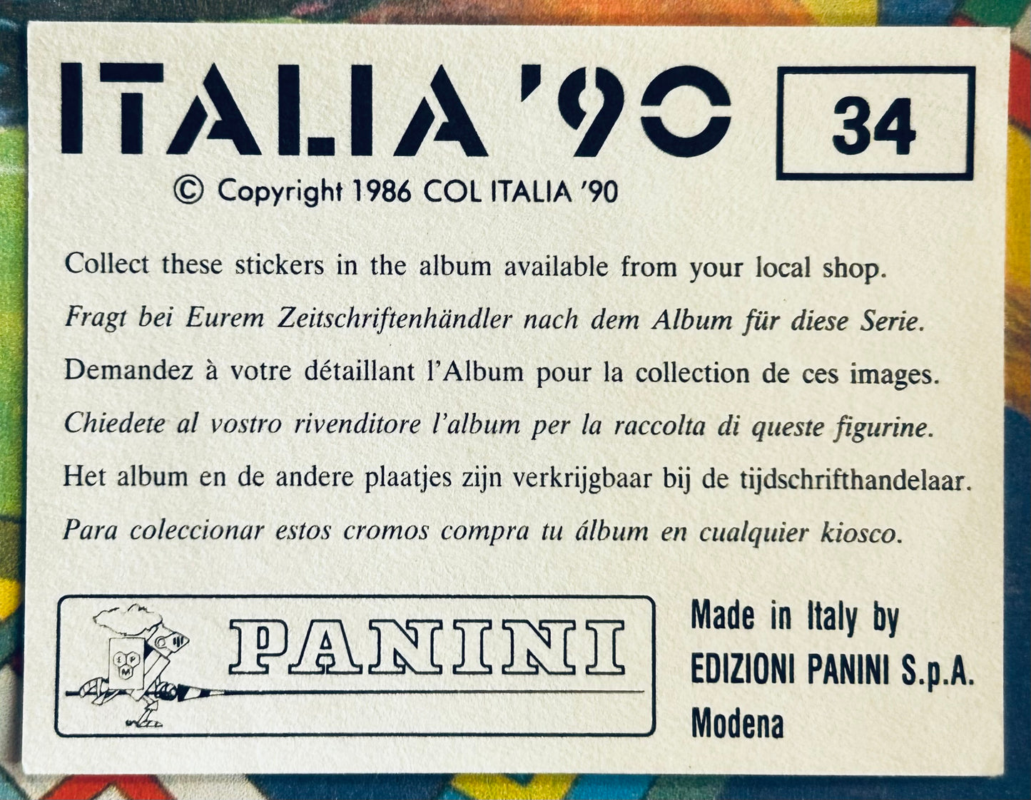 Panini FIFA World Cup Italia 90 Sticker - MASCOT #34