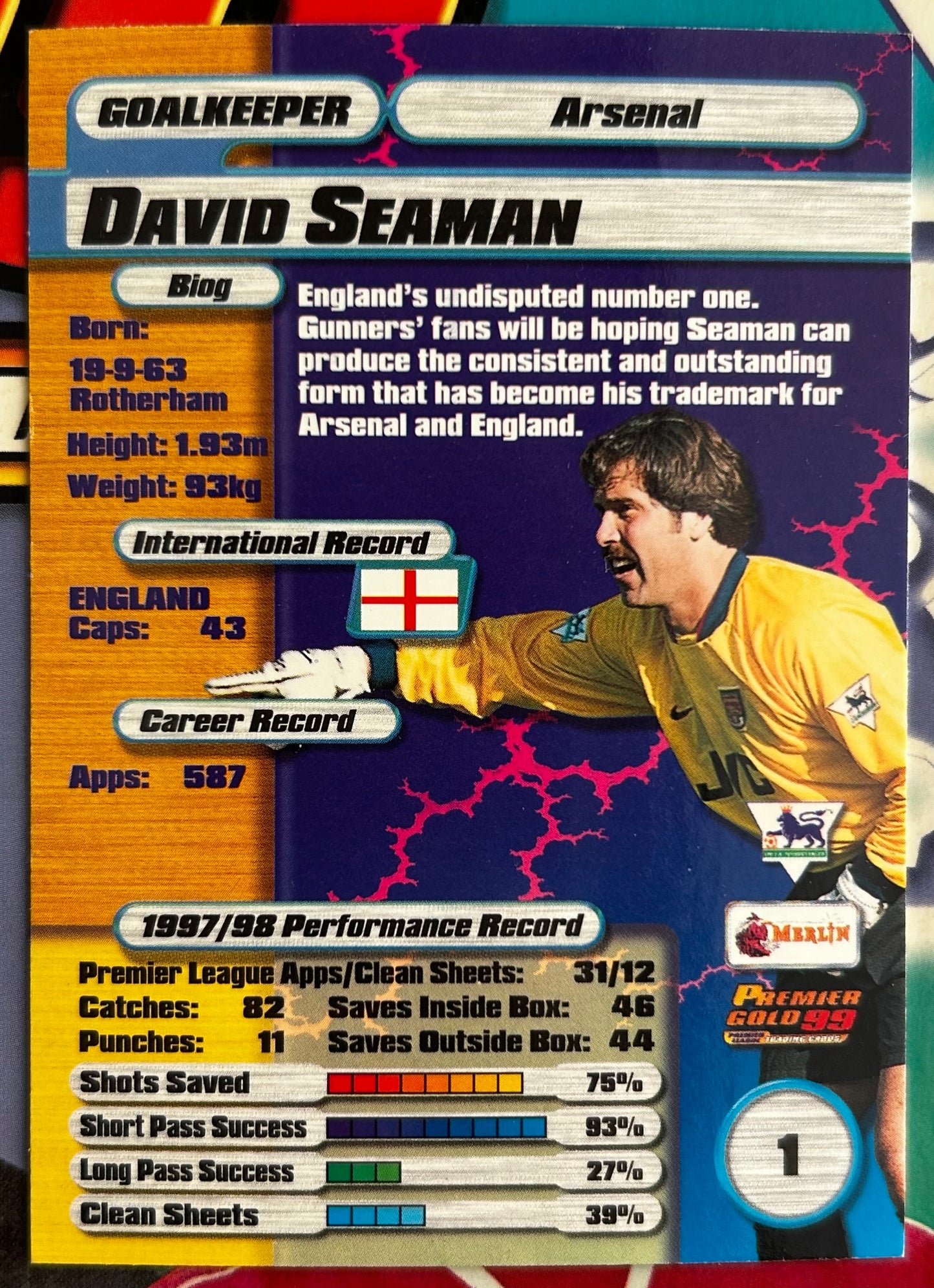 Merlin's Premier Gold 99 Trading Cards - DAVID SEAMAN (ARSENAL) #1