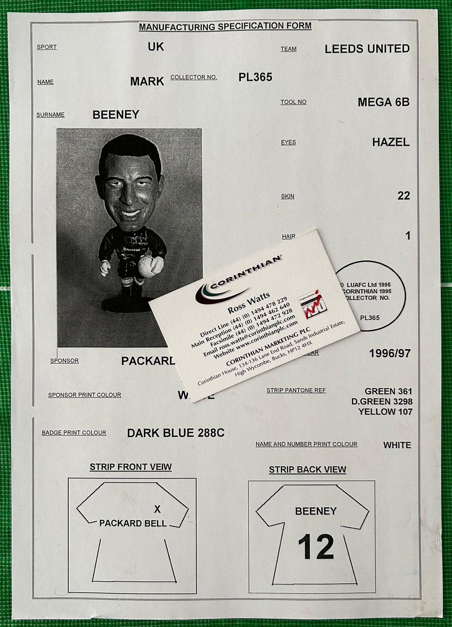 Corinthian Manufacturing Specification Form - MARK BEENEY (LEEDS UNITED) 1996-97 PL365