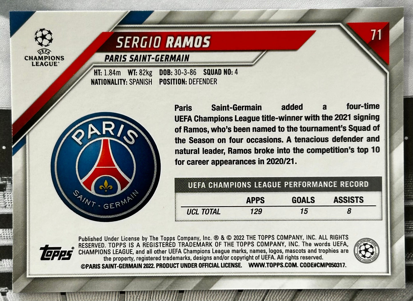 Topps UEFA Chrome Sapphire 2021-22 - SERGIO RAMOS (PSG) #71