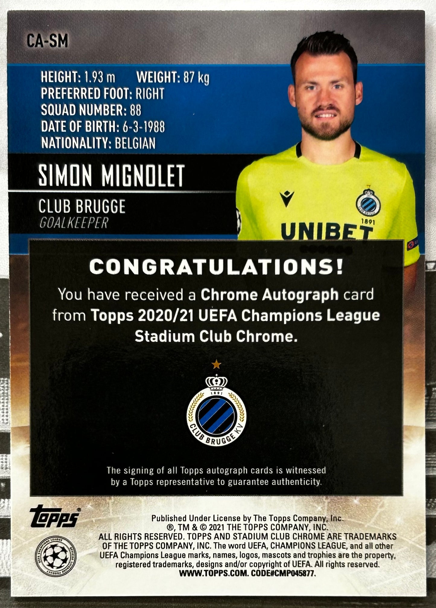 2020-21 Topps Stadium Club Chrome UCL - SIMON MIGNOLET (CLUB BRUGGE) Chrome Autograph #CA-SM