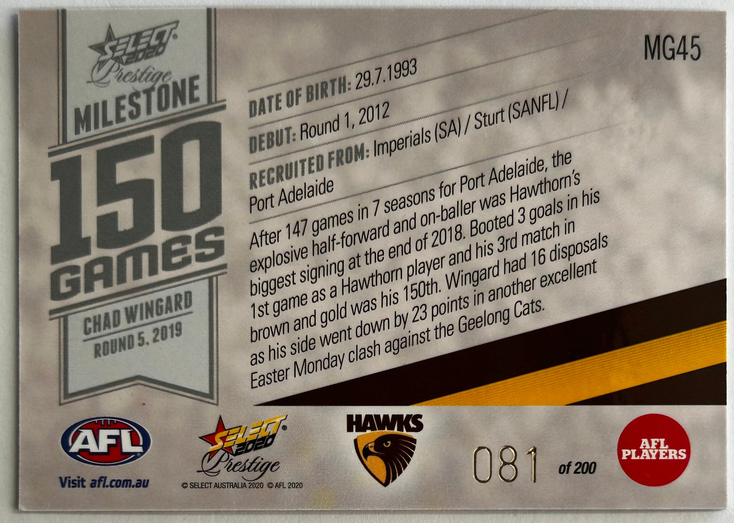 2020 AFL Select Prestige - CHAD WINGARD (HAWTHORN) Milestones MG454 /200