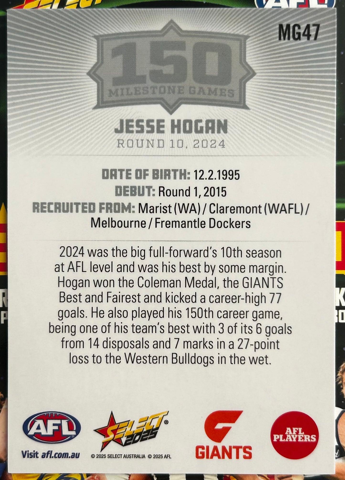 Select AFL 2025 Footy Stars - JESSE HOGAN (GWS GIANTS) 150 Milestone Games MG47