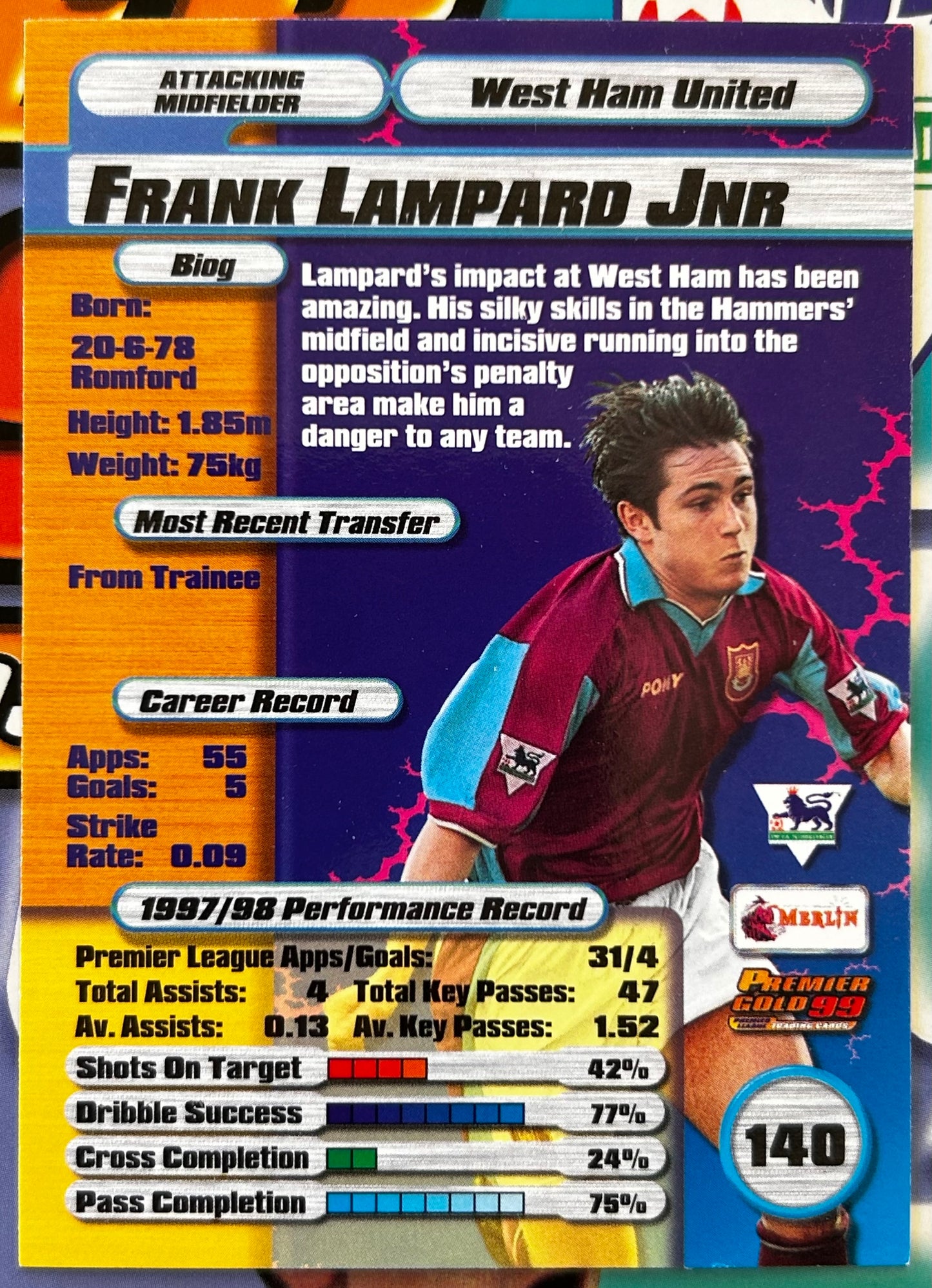 Merlin's Premier Gold 99 Trading Cards - FRANK LAMPARD JNR (WEST HAM UNITED) #140
