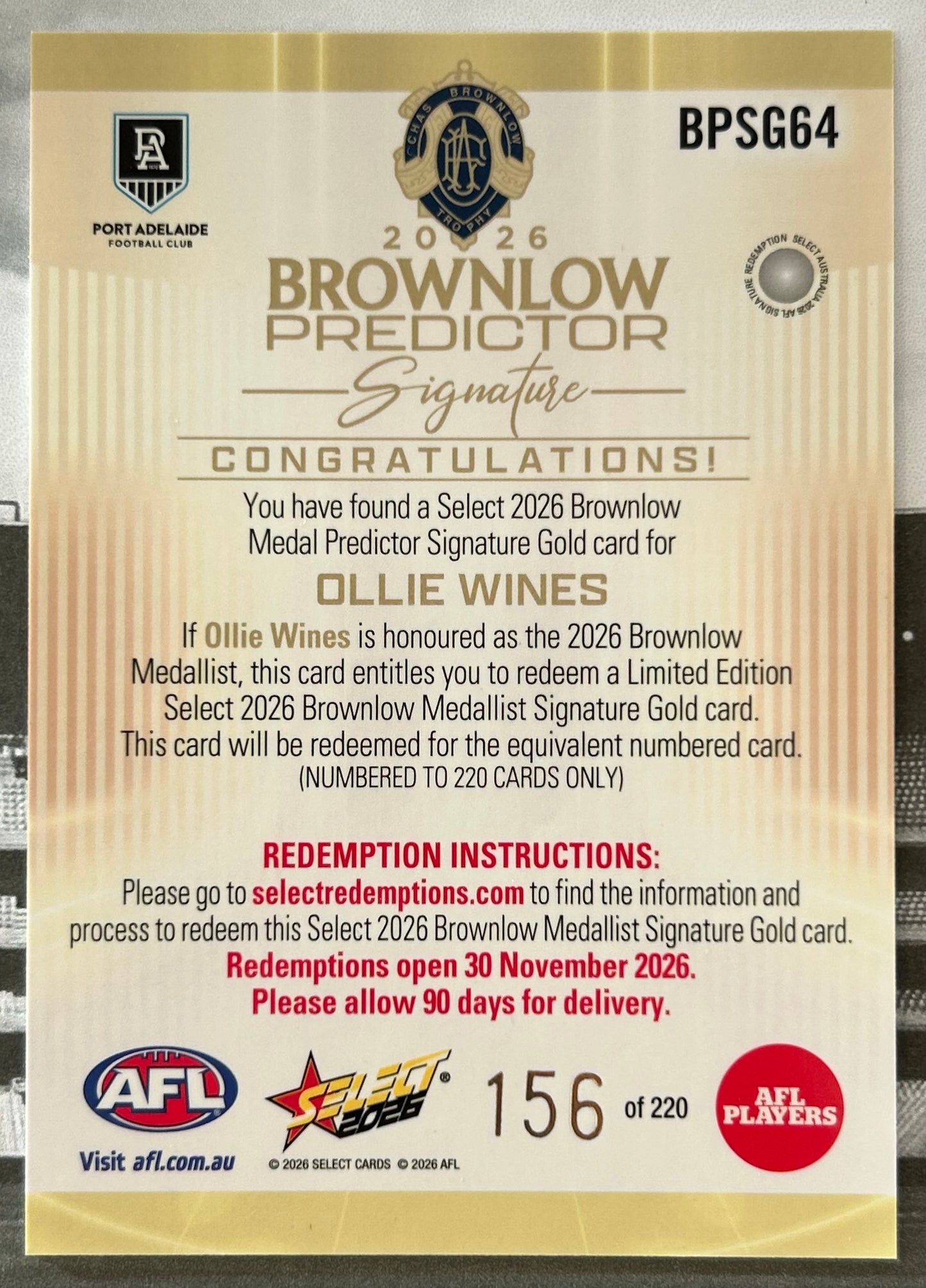 Select AFL Footy Stars 2026 - OLLIE WINES (PORT ADELAIDE) Brownlow Medal Predictor Signature Gold BPSG64
