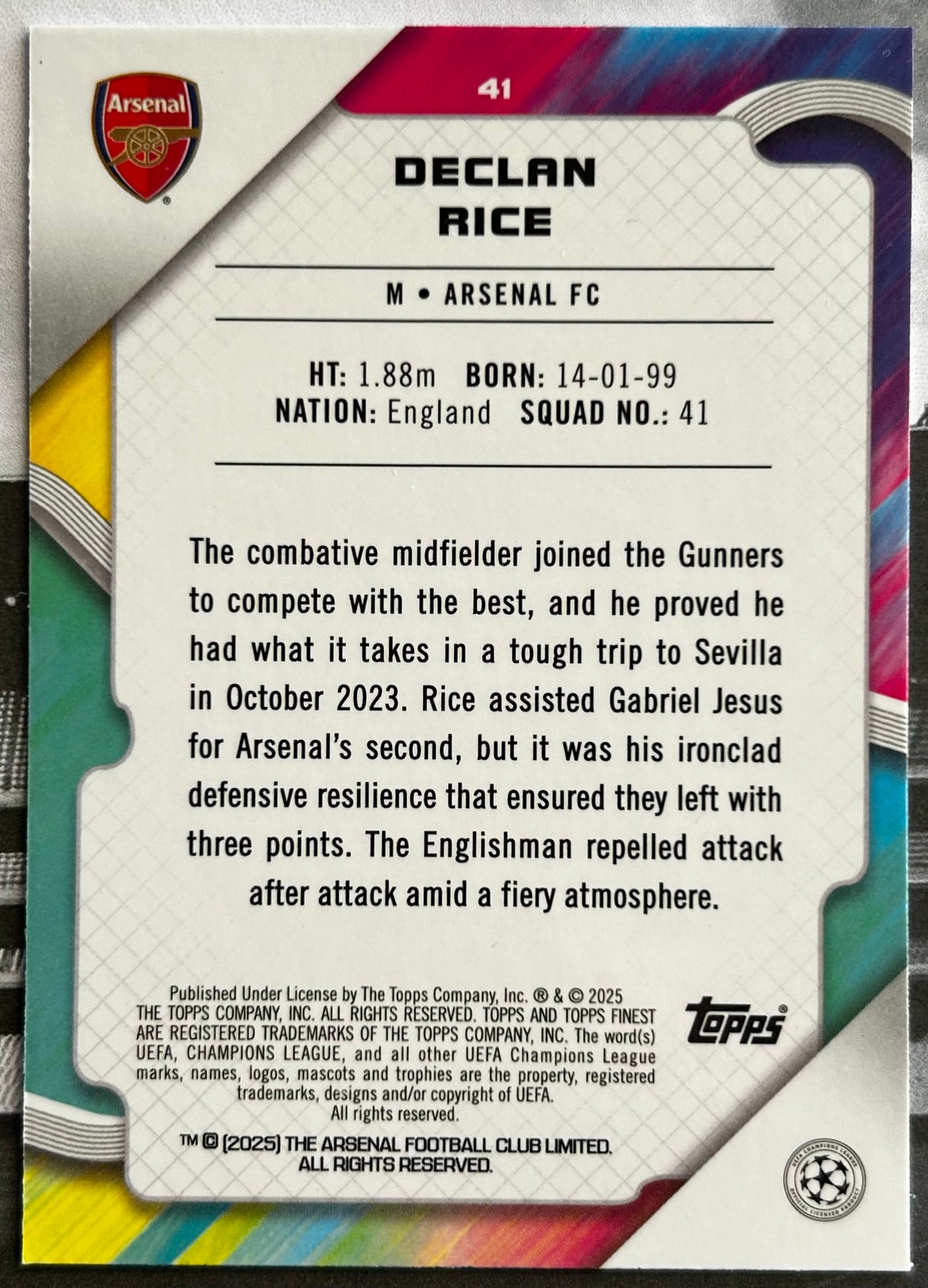 2024-25 Topps Finest UEFA Club Competitions - DECLAN RICE (ARSENAL) Base #41