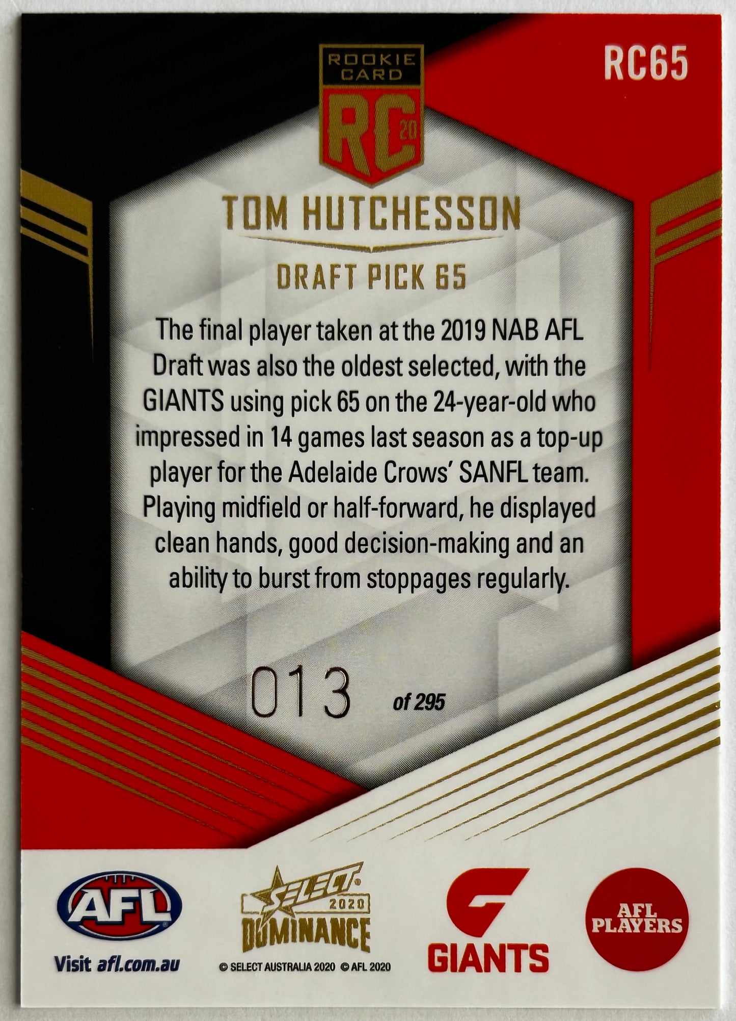 2020 AFL Select Dominance - TOM HUTCHESSON (GWS GIANTS) Rookie Card RC65 /295
