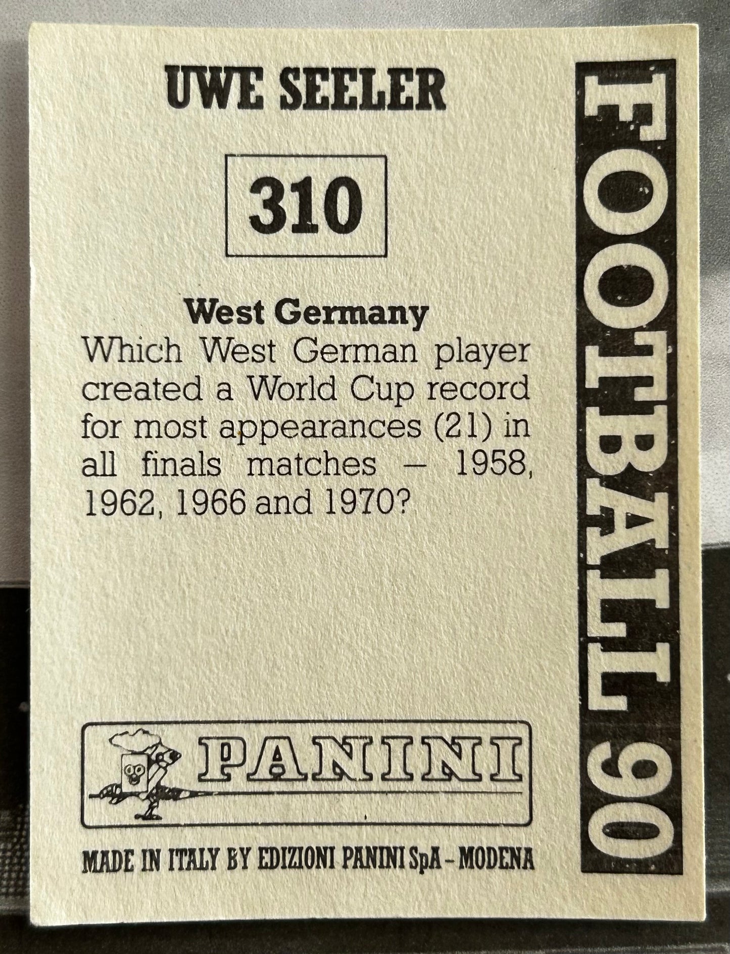 Panini Football 90 Sticker - UWE SEELER (WEST GERMANY) World Cup Stars #310