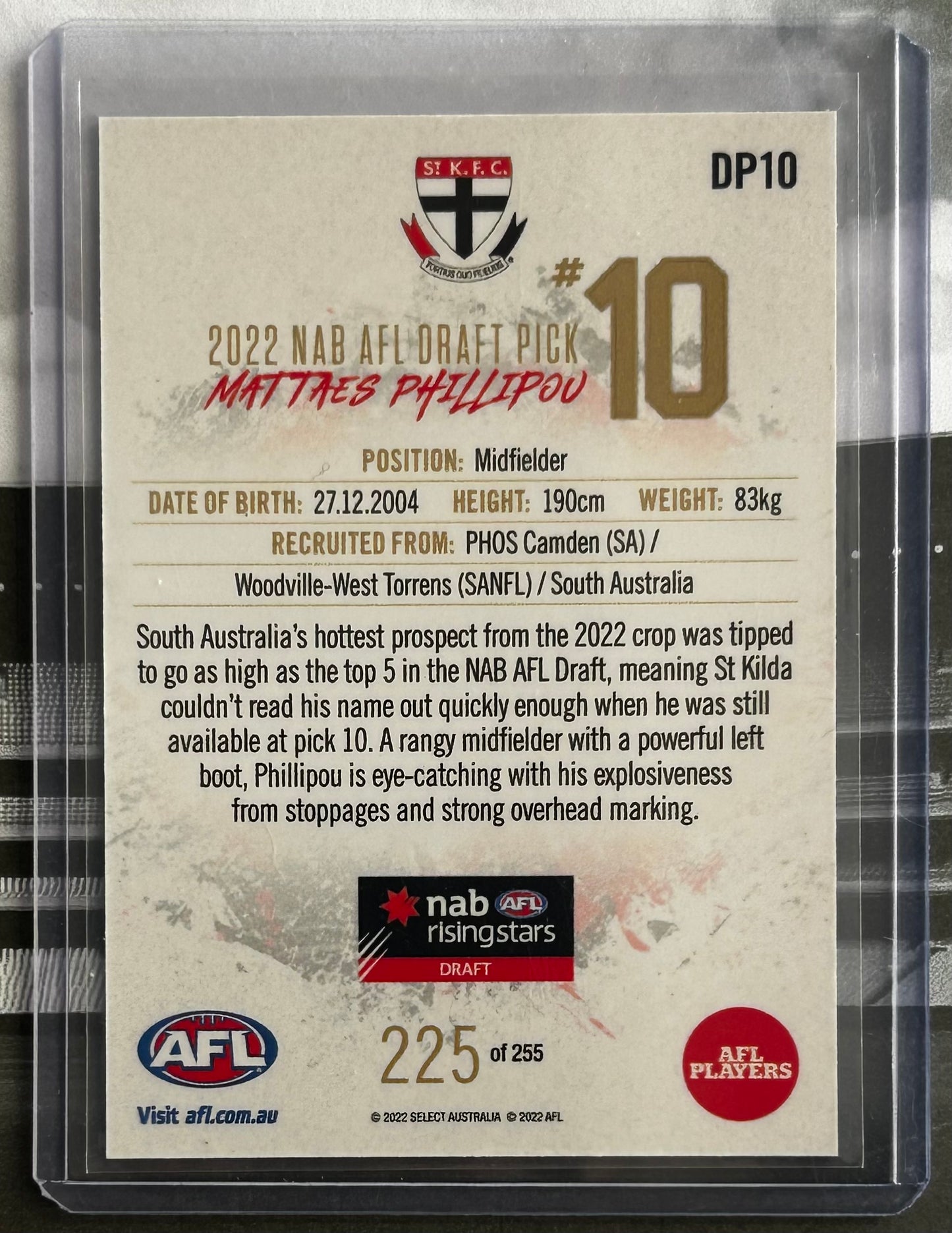 Select AFL 2022 nab Rising Star - MATTAES PHILLIPOU (ST KILDA) Draft Pick No. 10 DP10 /255