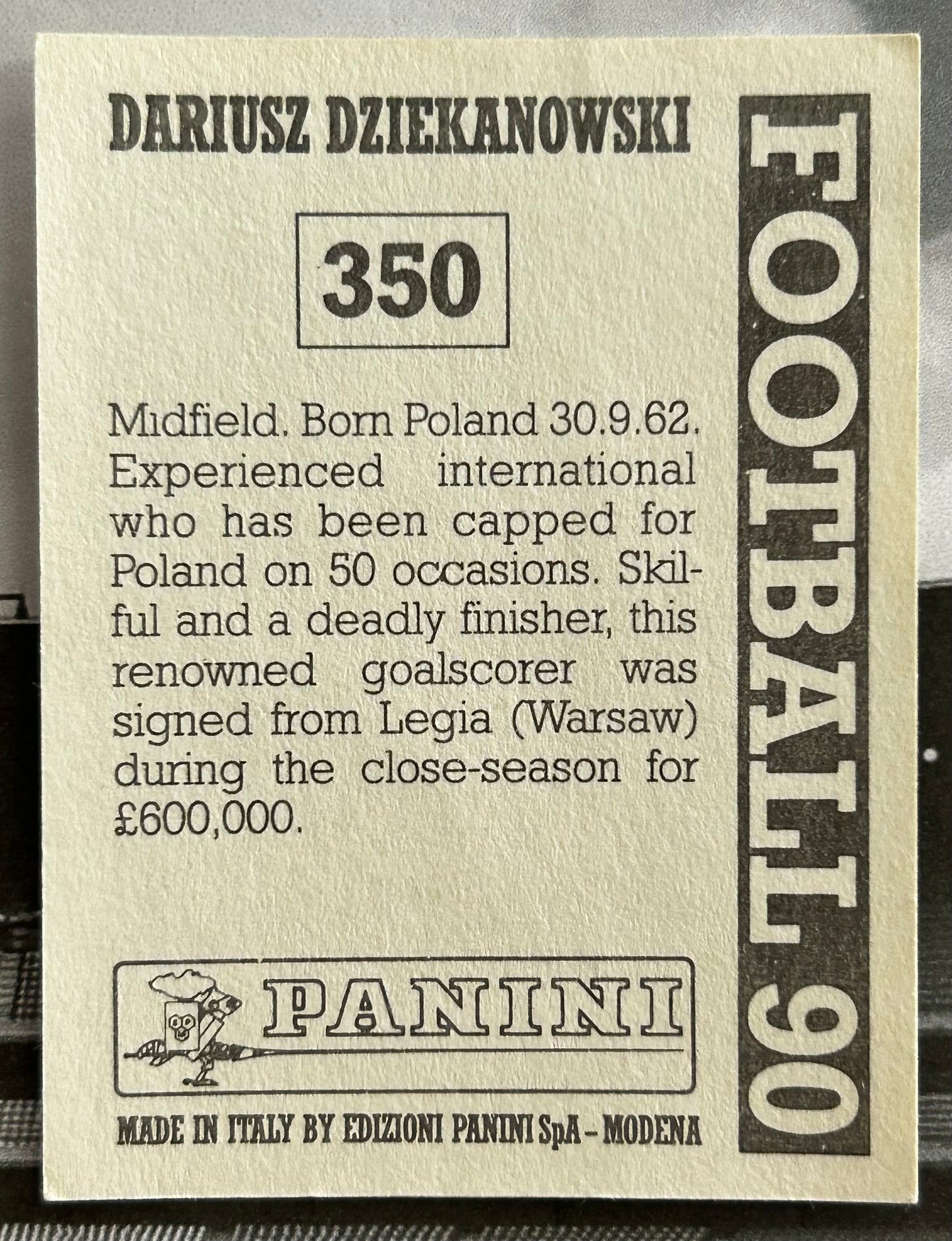 Panini Football 90 Sticker - DARIUSZ DZIEKANOWSKI (CELTIC) #350