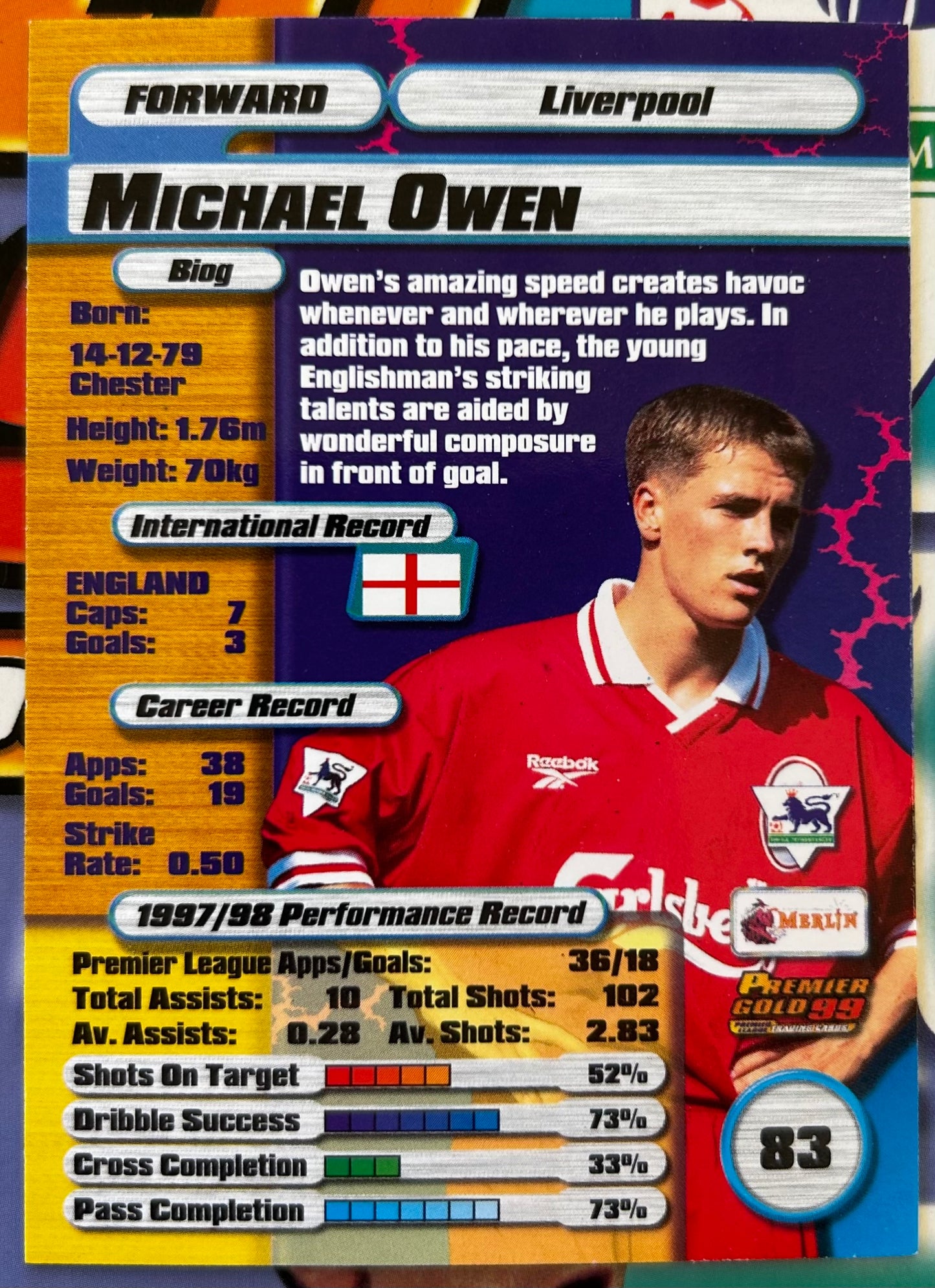 Merlin's Premier Gold 99 Trading Cards - MICHAEL OWEN (LIVERPOOL) Rookie RC #83
