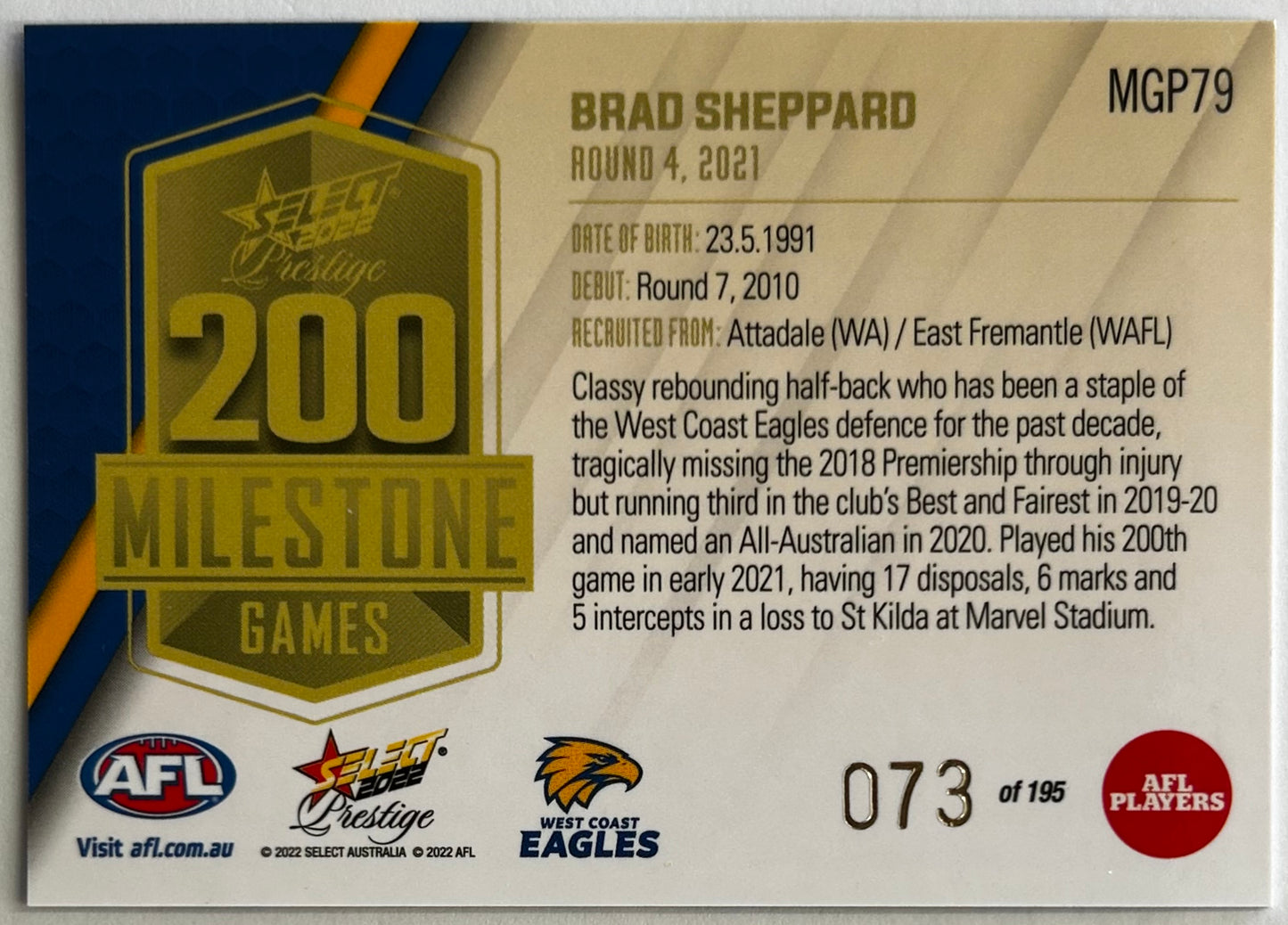 2022 AFL Select Prestige - BRAD SHEPPARD (WEST COAST EAGLES) Milestones MGP79 /195