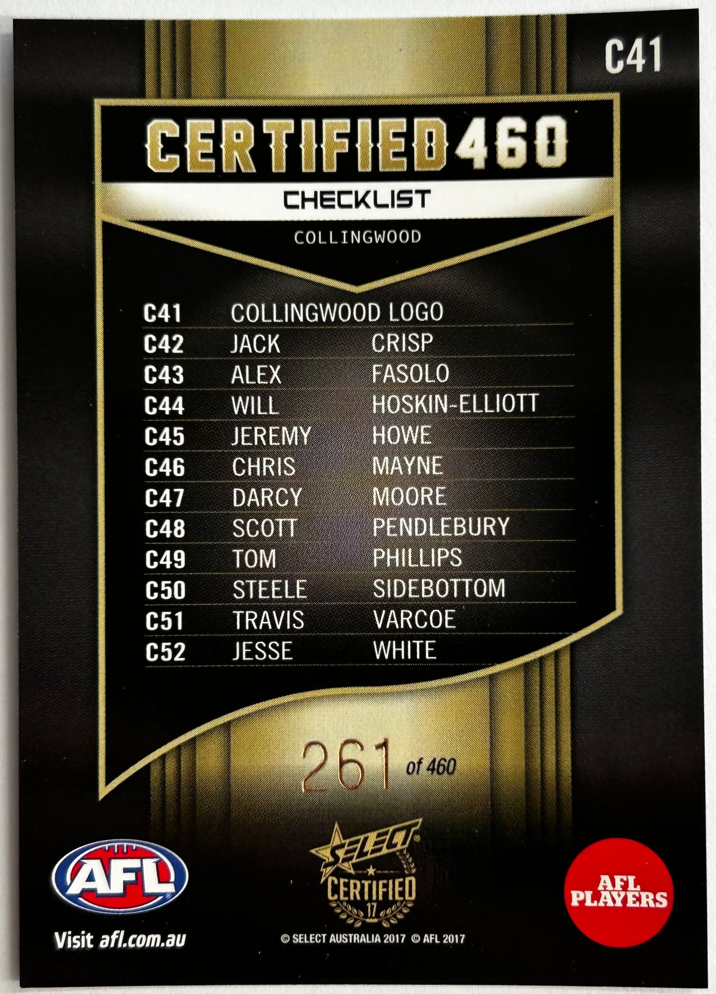 Select AFL 2017 Certified - CLUB LOGO (COLLINGWOOD) Certified 460 C41