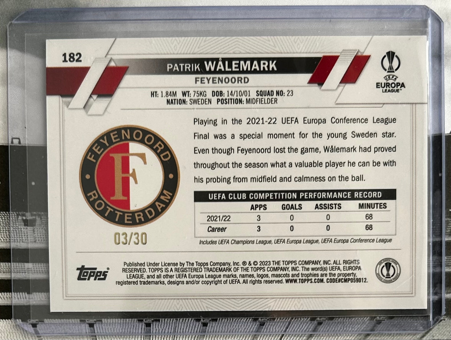 Topps UEFA Club Competitions 1st Edition 2022-23 - PATRIK WALEMARK (FEYENOORD) RC Rookie Purple Parallel #182 /30