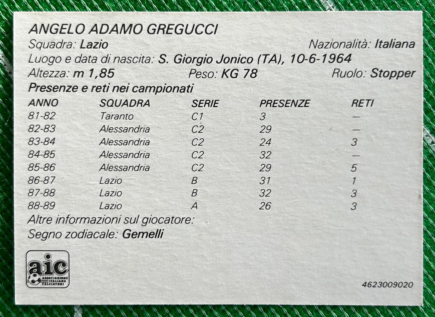 Tonka Forza Campioni Collector Card - ANGELO ADAMO GREGUCCI (LAZIO) 1989 Release