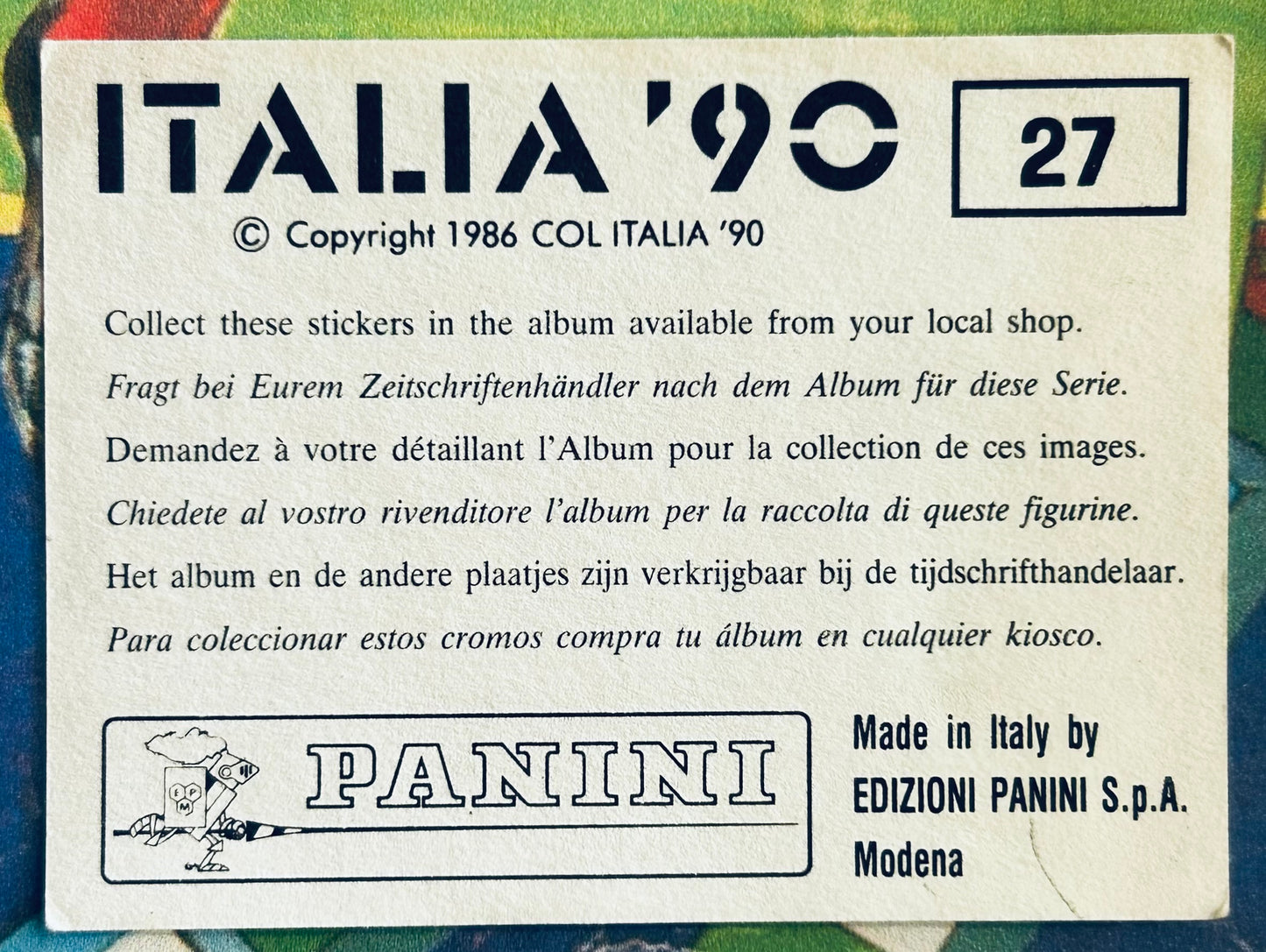 Panini FIFA World Cup Italia 90 Sticker - MASCOT #27