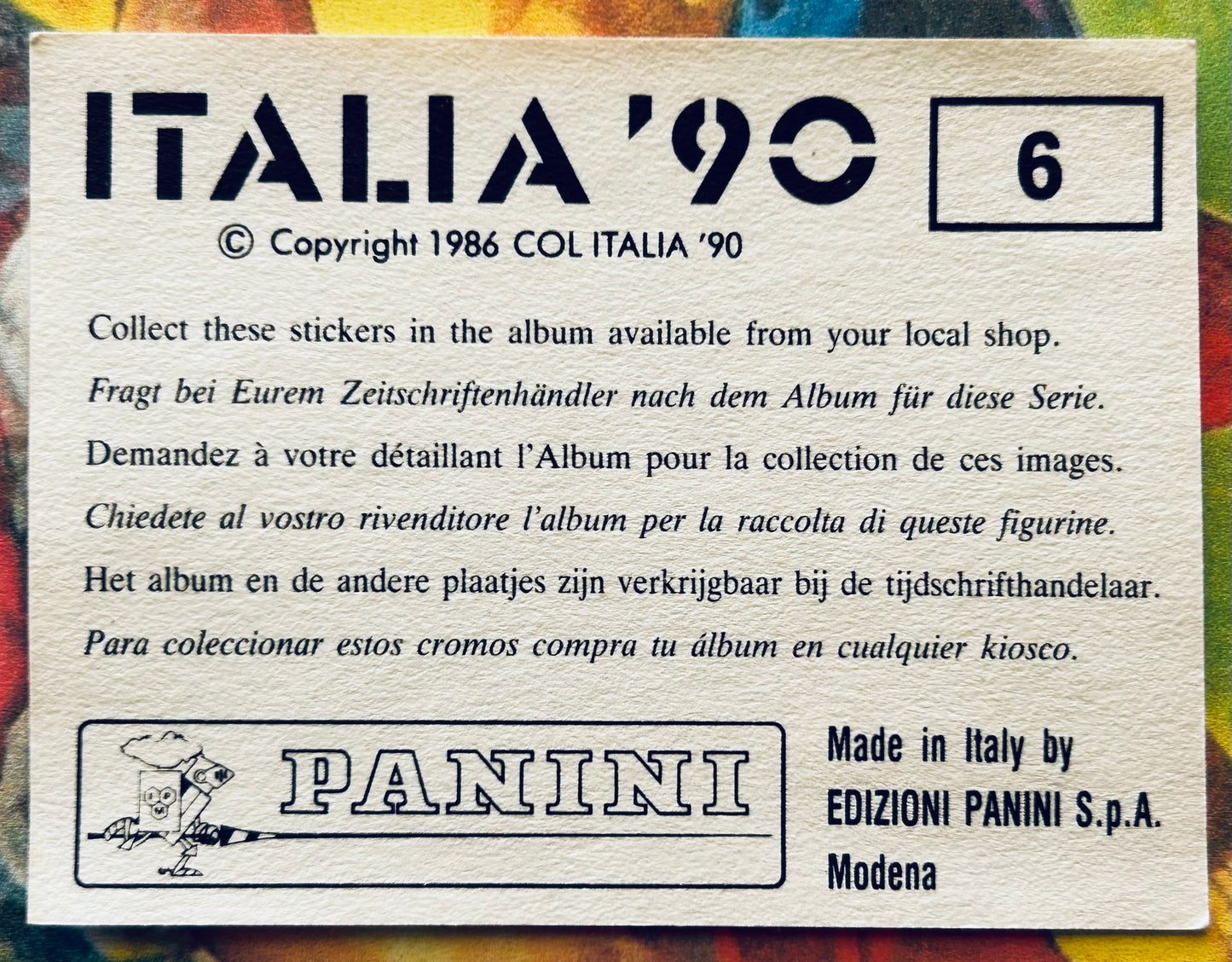 Panini FIFA World Cup Italia 90 Sticker - MASCOT #6