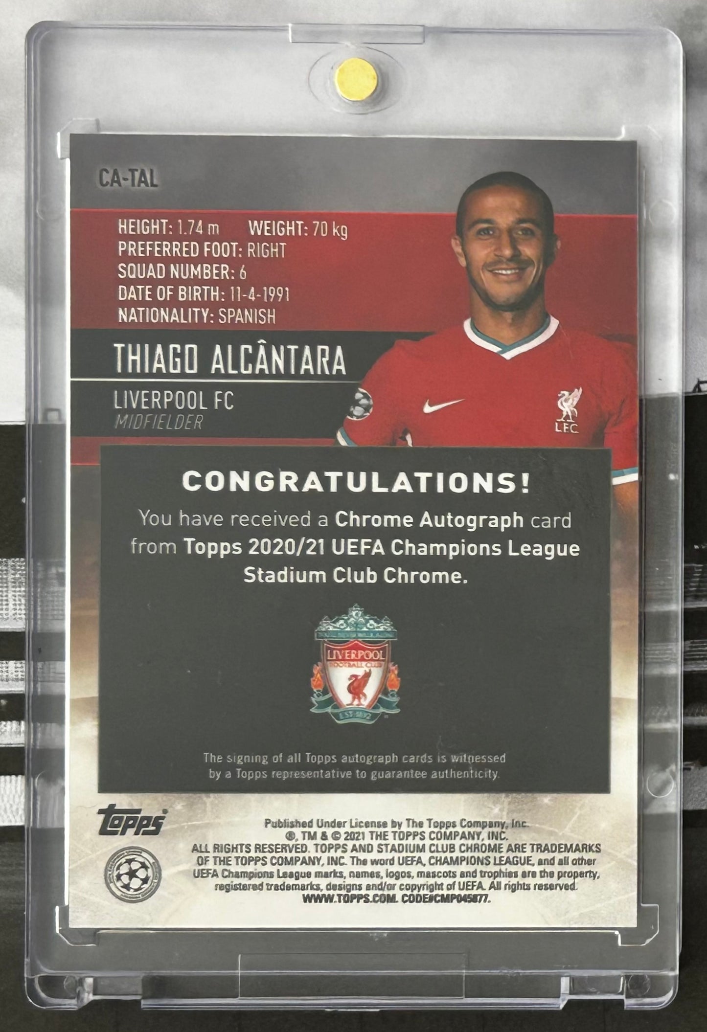 2020-21 Topps Stadium Club Chrome UCL - THIAGO ALCANTARA (LIVERPOOL) Chrome Autograph #CA-TAL