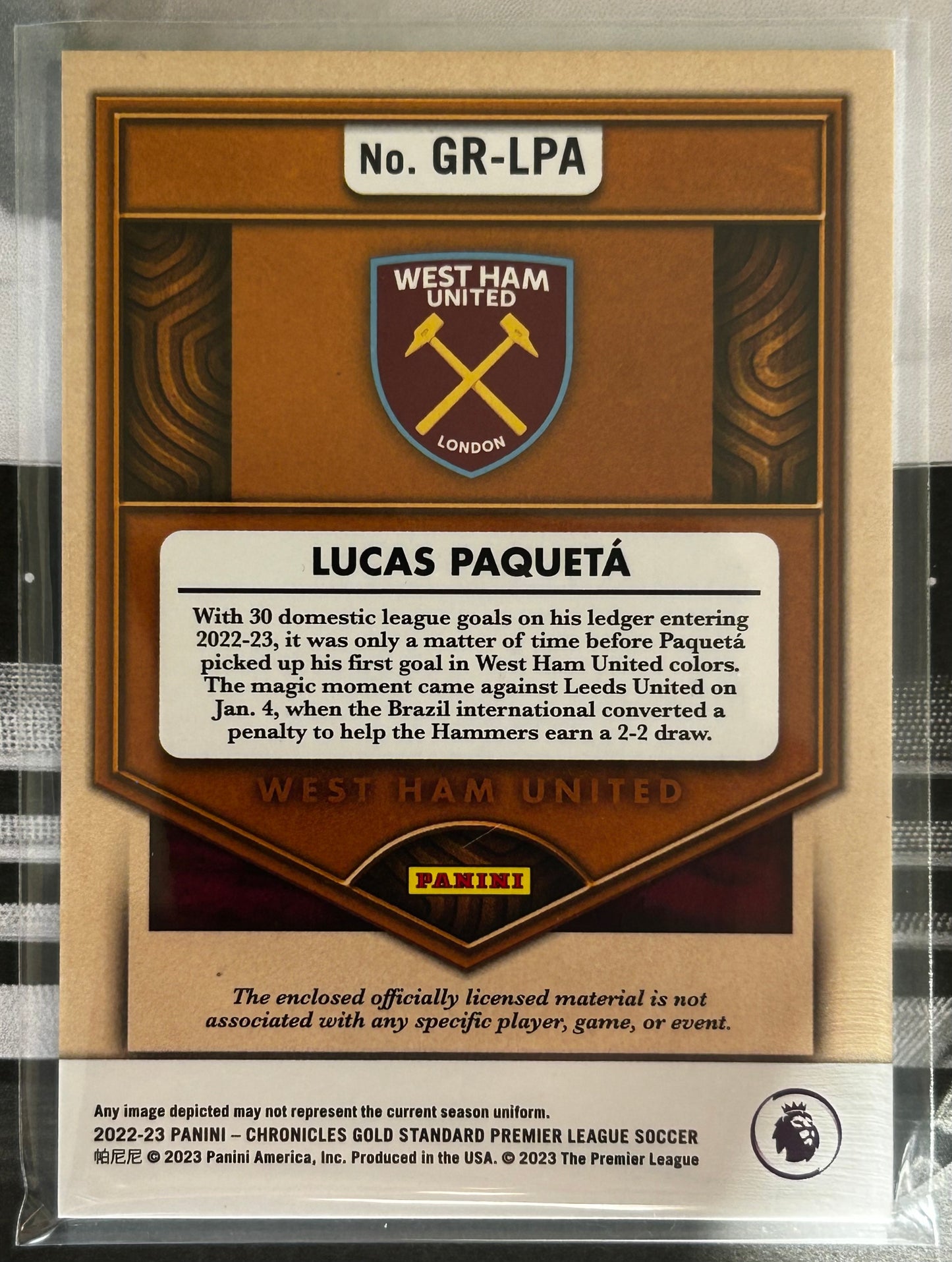 2022-23 Panini Chronicles Gold Standard Premier League Soccer - LUCAS PAQUETA (WEST HAM UNITED) Gold Rush Patch GR-LPA /49