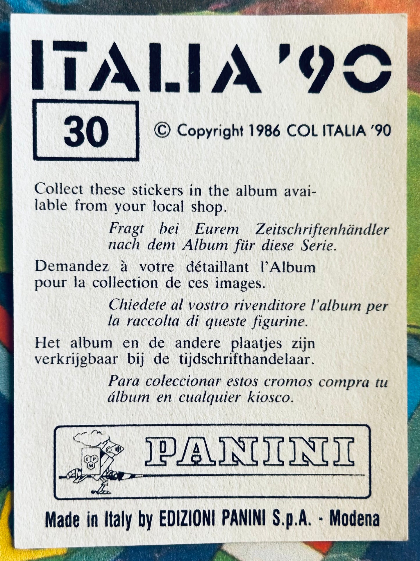 Panini FIFA World Cup Italia 90 Sticker - UDINE #30