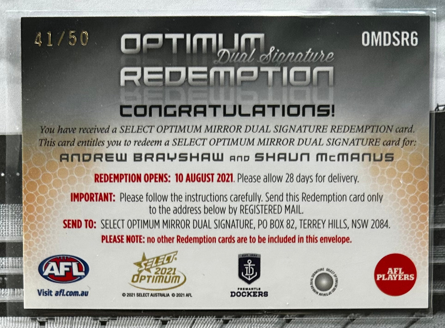 2021 AFL Select Optimum - ANDREW BRAYSHAW & SHAUN McMANUS (FREMANTLE DOCKERS) Optimum Mirror Dual Signature Redemption OMDSR6 /50
