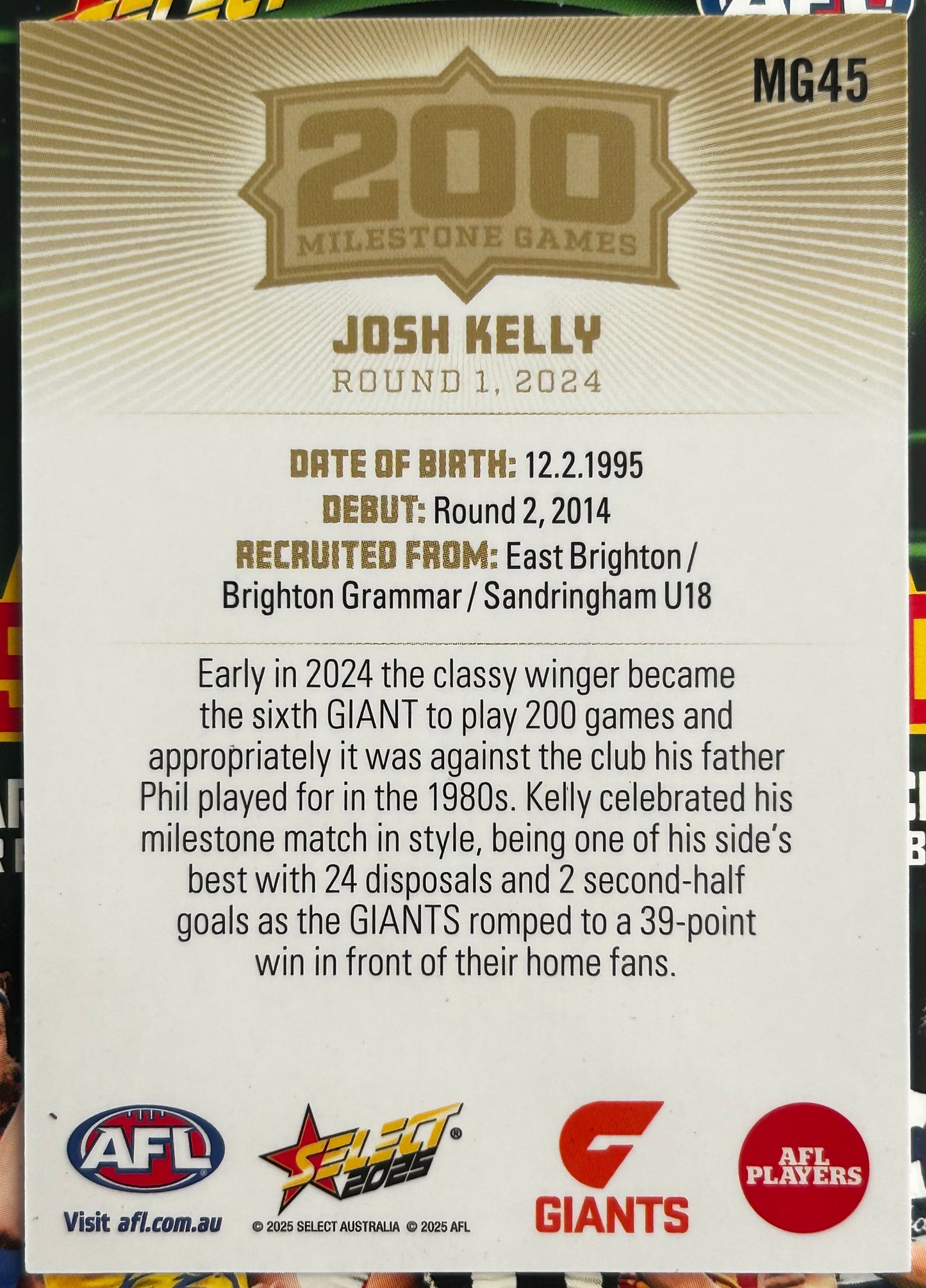Select AFL 2025 Footy Stars - JOSH KELLY (GWS GIANTS) 200 Milestone Games MG45