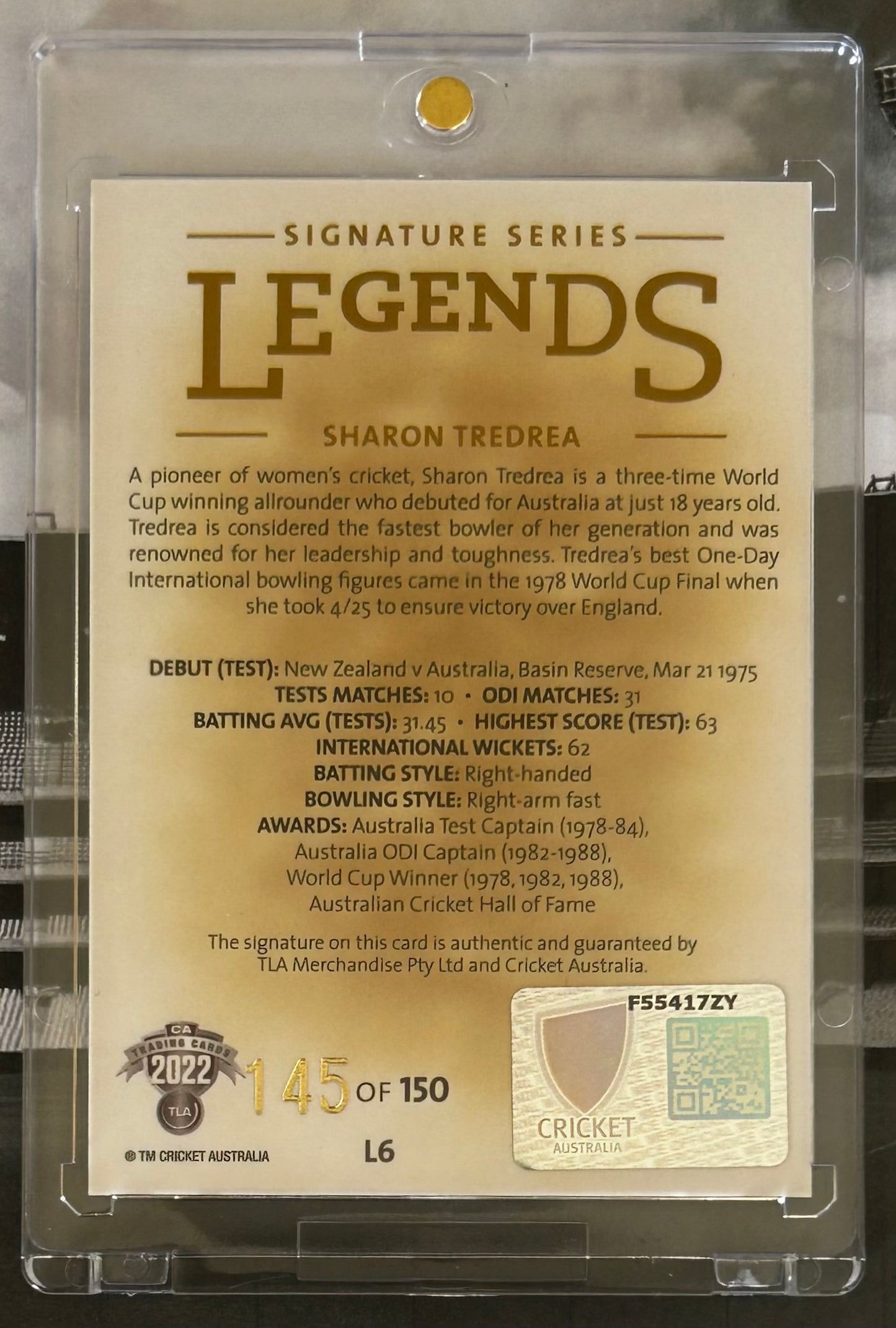 2022 CA Traders Trading Card Collection - SHARON TREDREA (AUSTRALIA) Legends Signature Series #L6 /150 *On Card Auto*