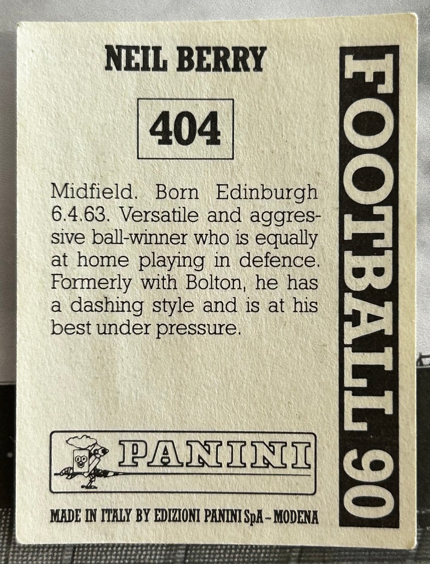 Panini Football 90 Sticker - NEIL BERRY (HEART OF MIDLOTHIAN) #404
