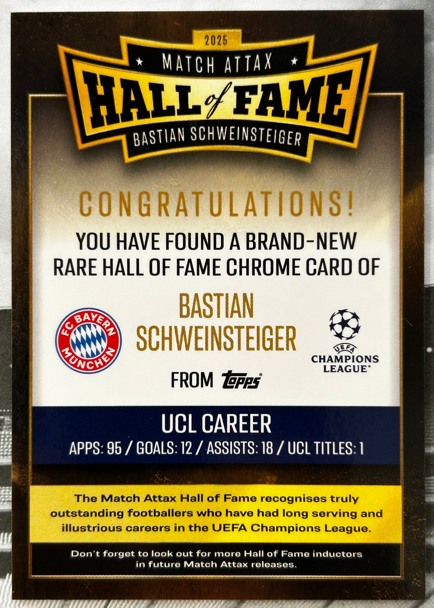 2025-26 Topps UCC Match Attax - BASTIAN SCHWEINSTEIGER (BAYERN MUNICH) Hall of Fame Chrome HOF5