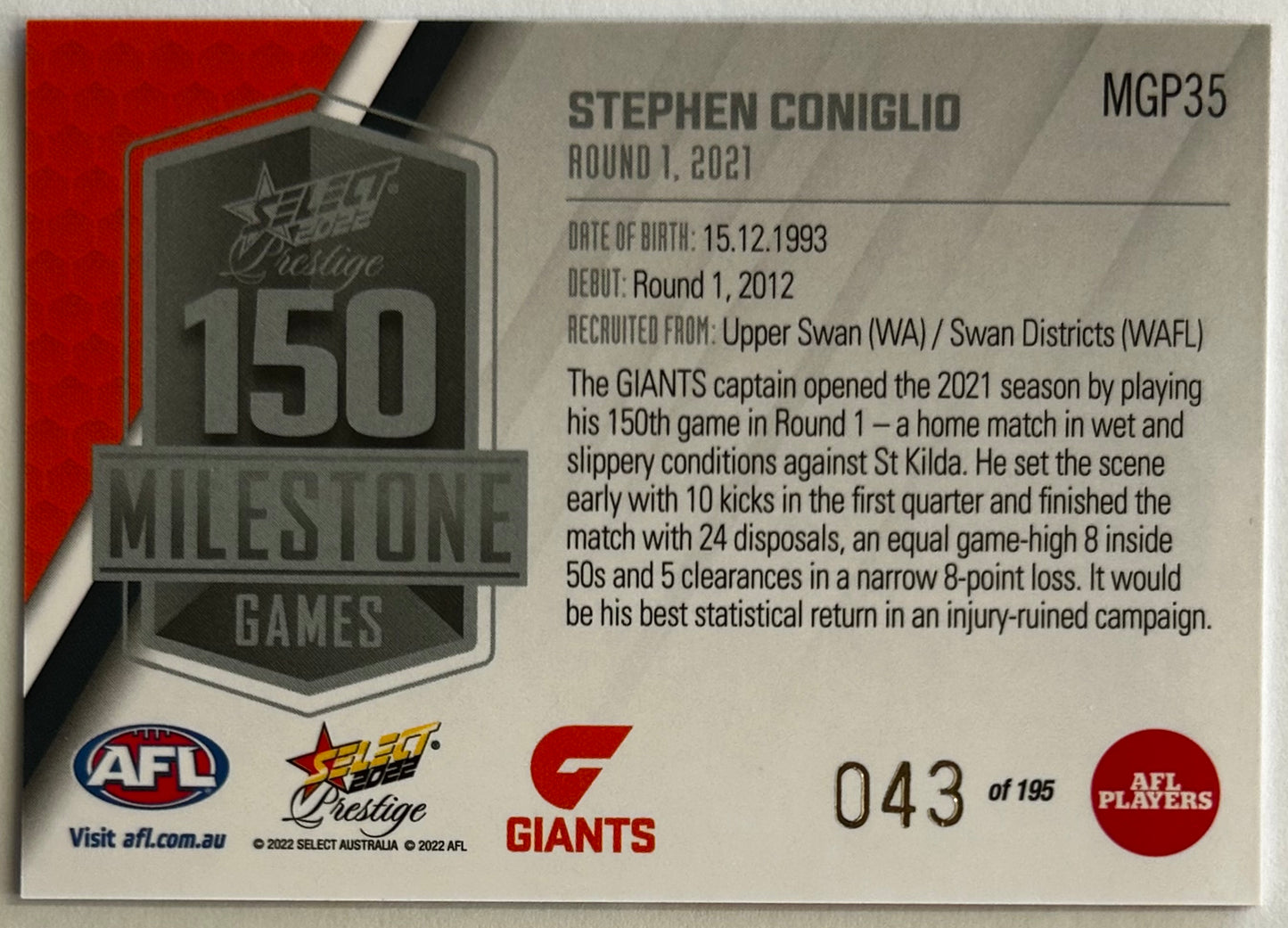 2022 AFL Select Prestige - STEPHEN CONIGLIO (GWS GIANTS) Milestones MGP35 /195