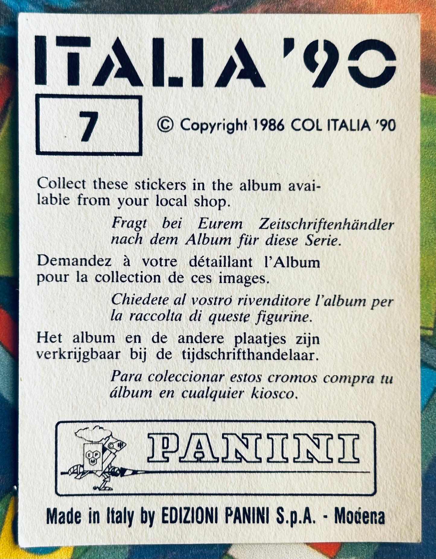 Panini FIFA World Cup Italia 90 Sticker - MASCOT #7