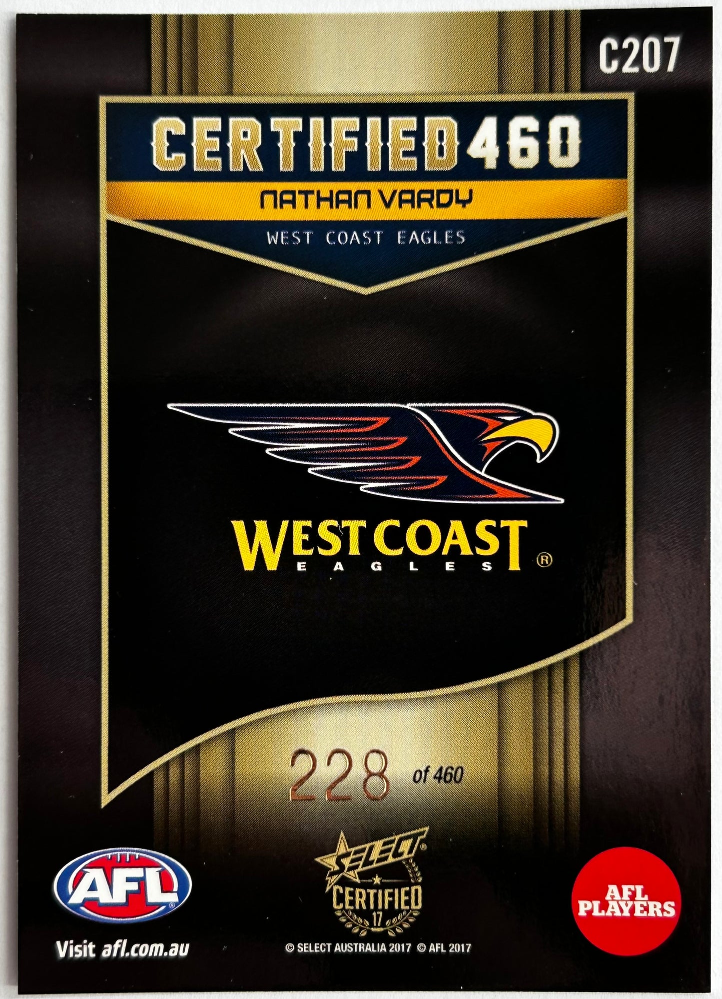 Select AFL 2017 Certified - NATHAN VARDY (WEST COAST EAGLES) Certified 460 C207