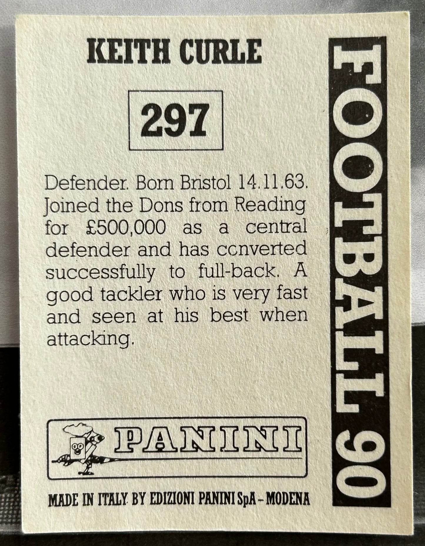 Panini Football 90 Sticker - KEITH CURLE (WIMBLEDON) #297