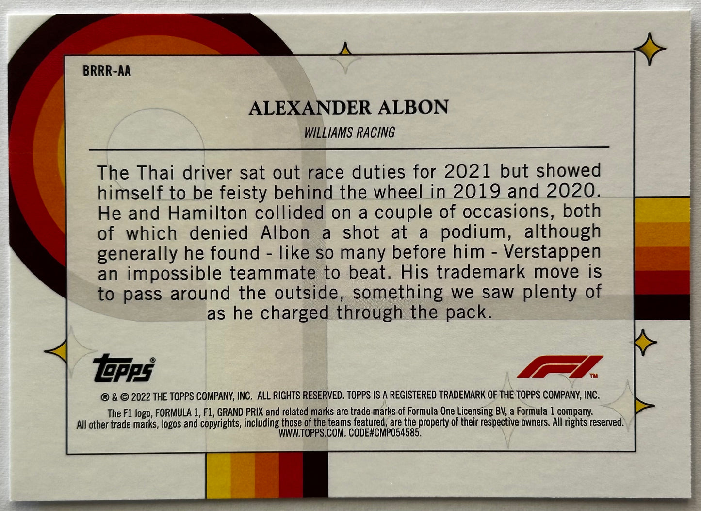 Topps Formula One Flagship 2022 - ALEXANDER ALBON (WILLIAMS RACING) Bounce Rock Race Roll BRRR-AA