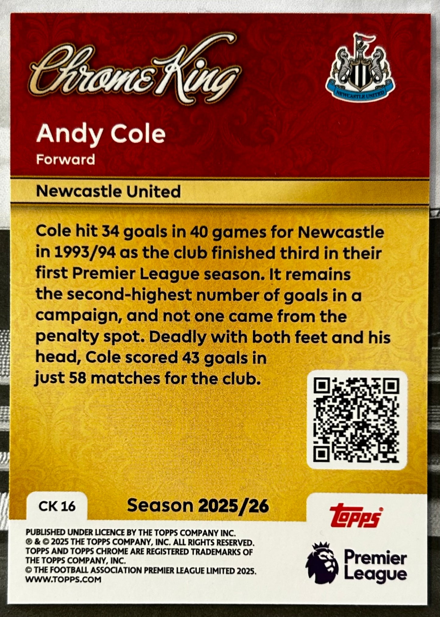 Topps Premier League 2026 Debut Edition - ANDY COLE (NEWCASTLE UNITED) Chrome King Legend 1:10 pks CK16